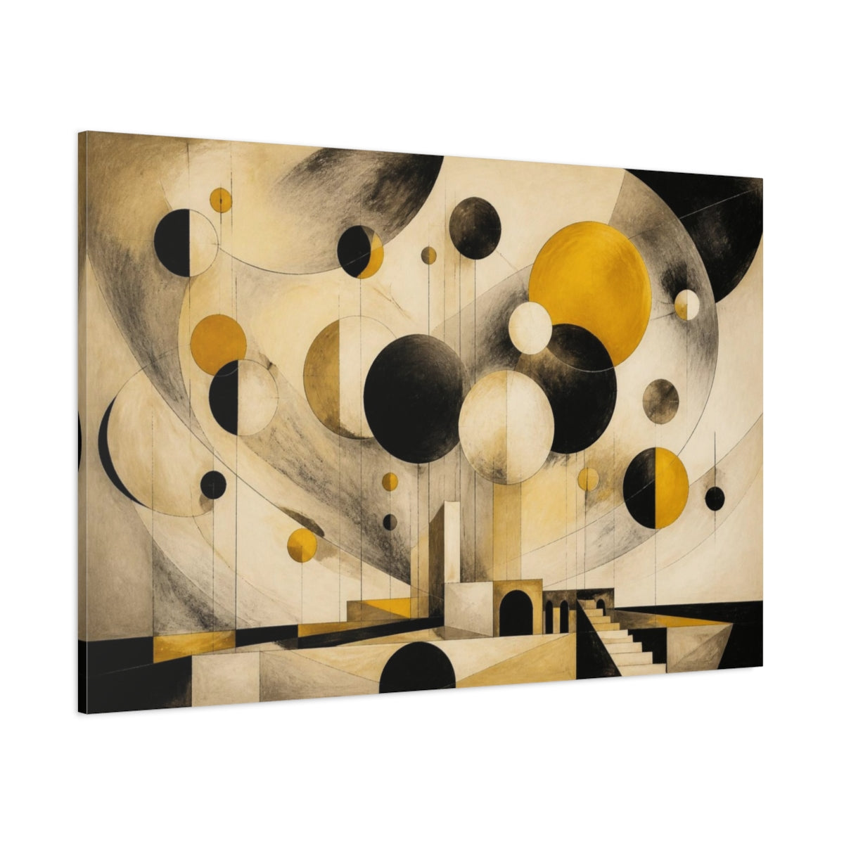 Side Mockup 1. Modern Mustard Spheres shown as canvas print