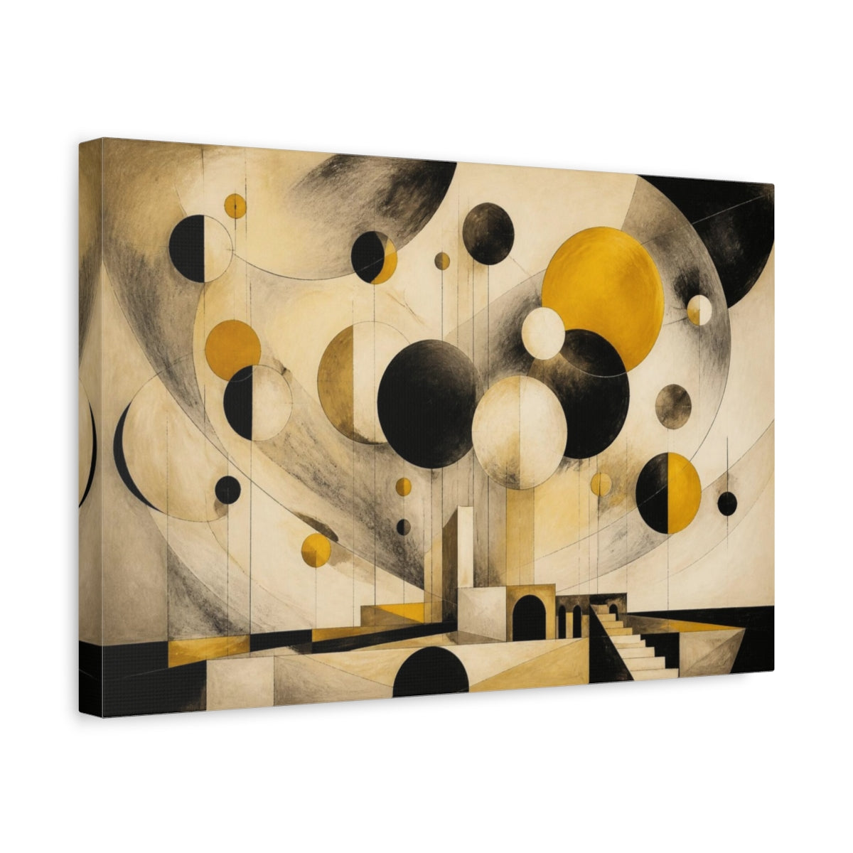 Side Mockup 4. Modern Mustard Spheres shown as canvas print