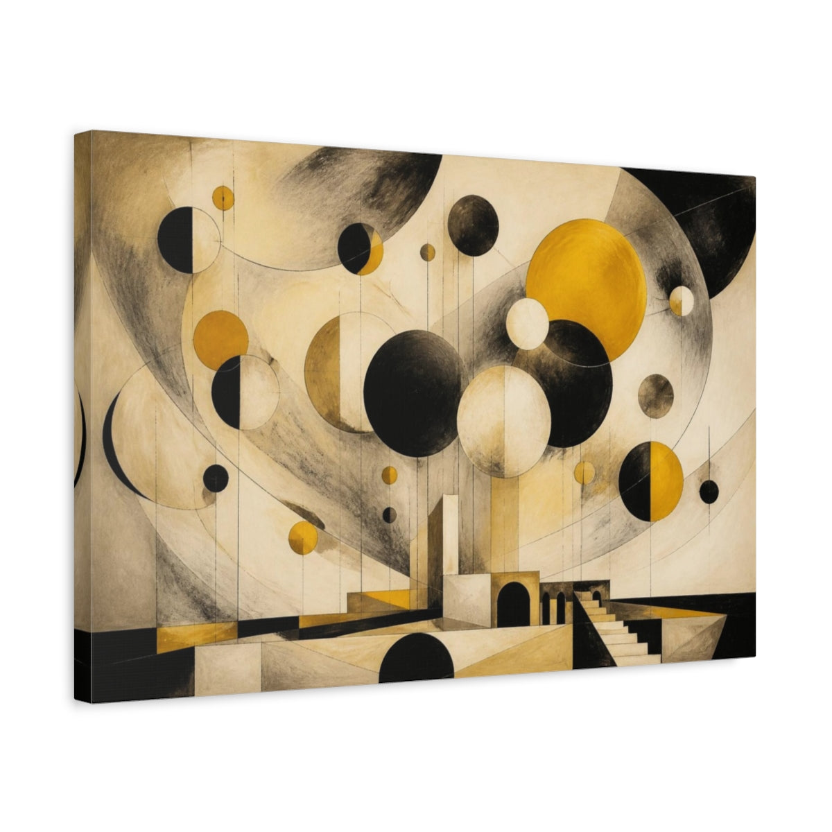 Side Mockup 3. Modern Mustard Spheres shown as canvas print
