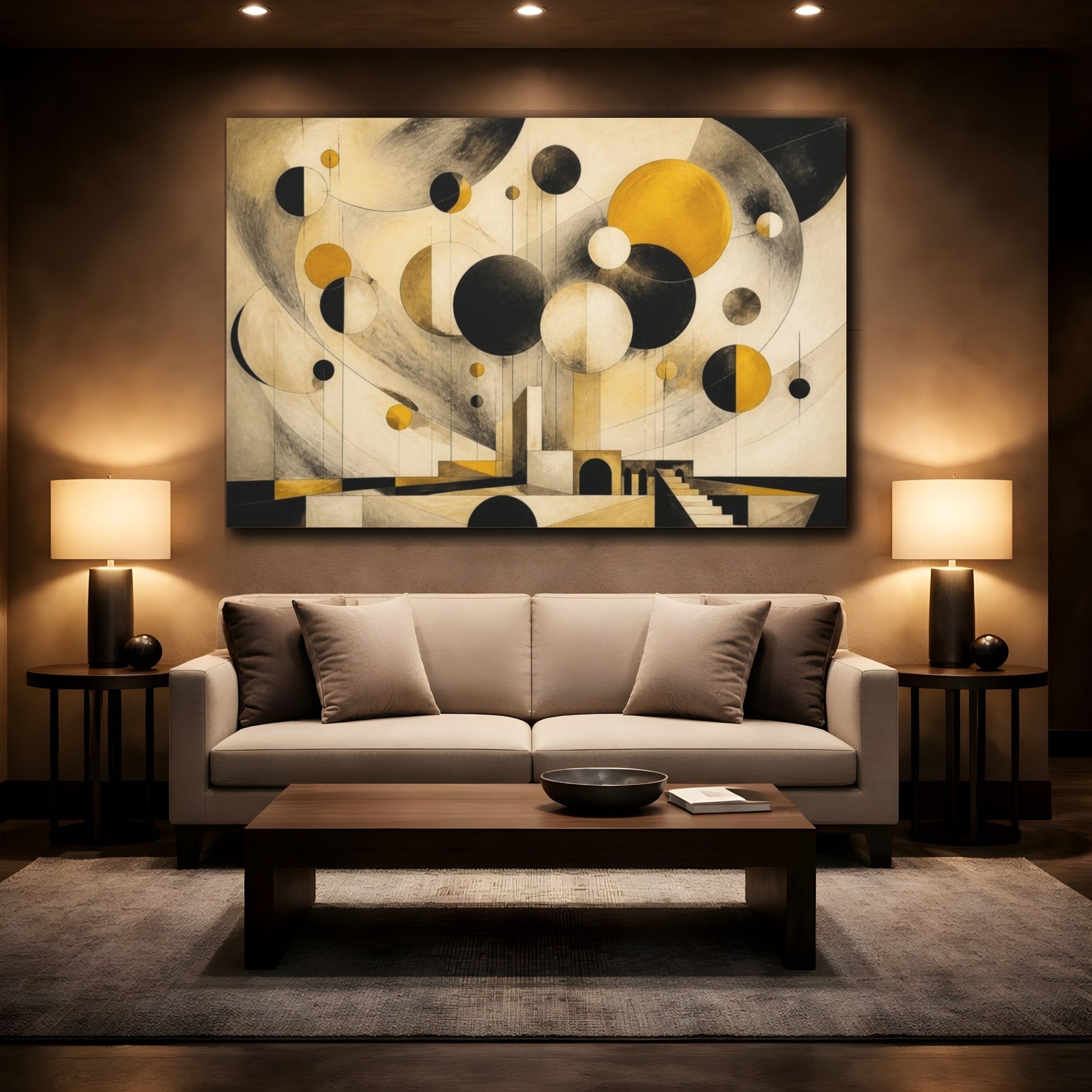 Mockup 2. Modern Mustard Spheres shown as canvas print
