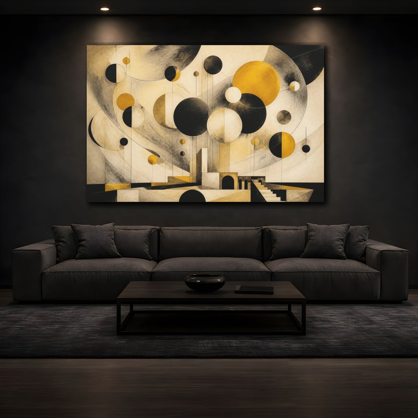 Mockup 3. Modern Mustard Spheres shown as canvas print