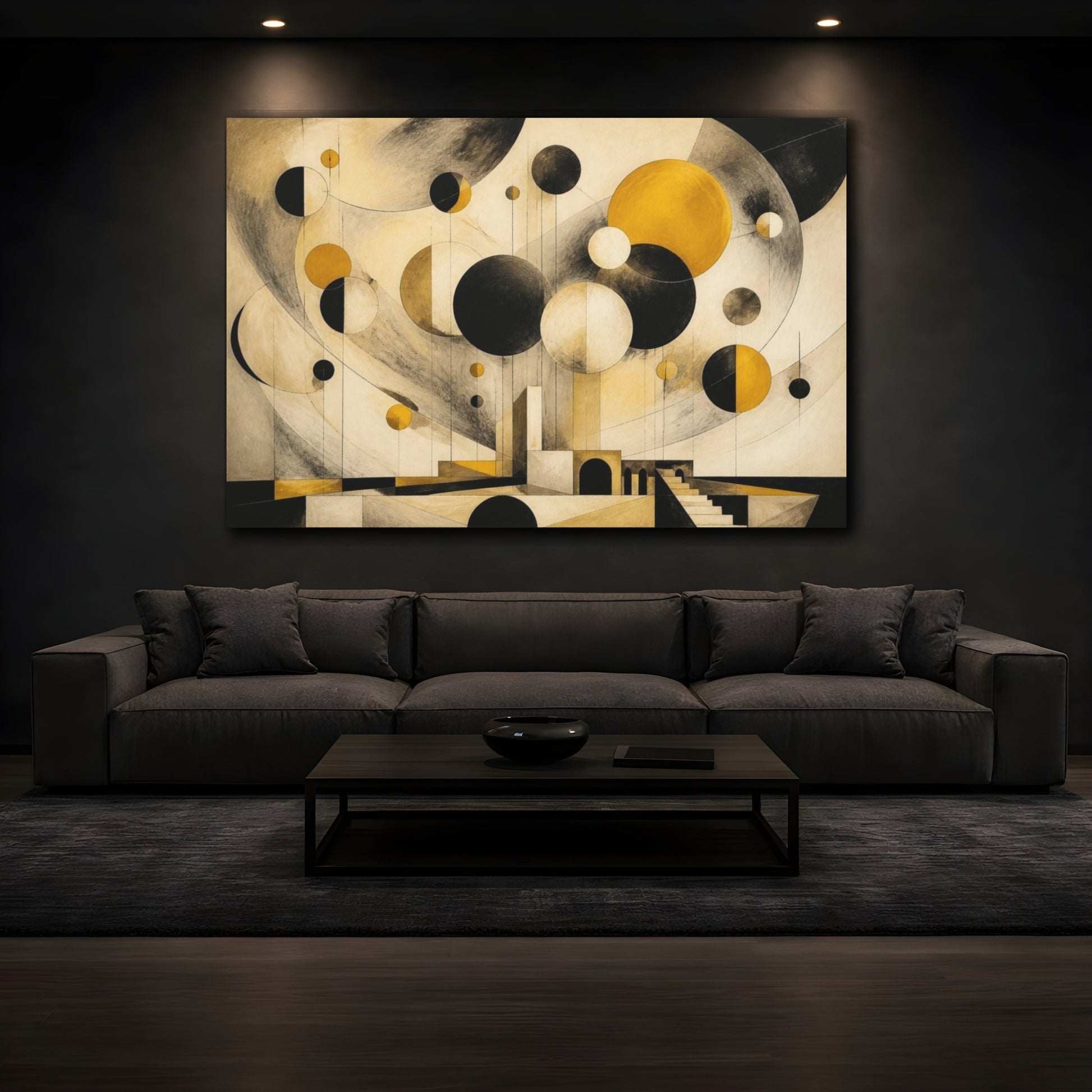 Mockup 3. Modern Mustard Spheres shown as canvas print