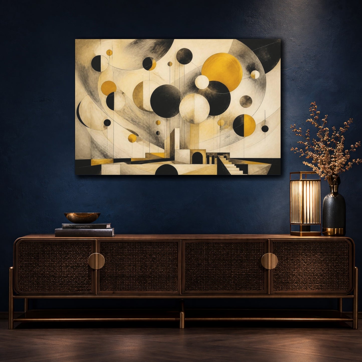 Mockup 4. Modern Mustard Spheres shown as canvas print