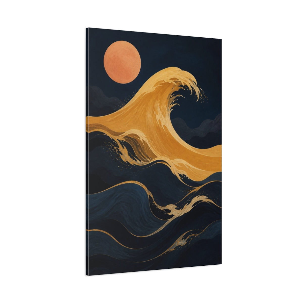 Side Mockup 1. Modern Ochre Wave shown as canvas print