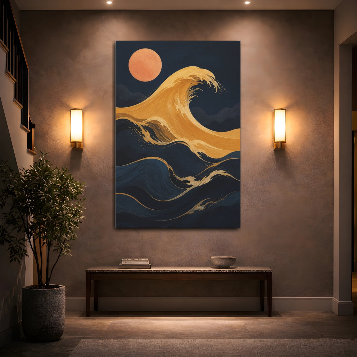 Mockup 2. Modern Ochre Wave shown as canvas print