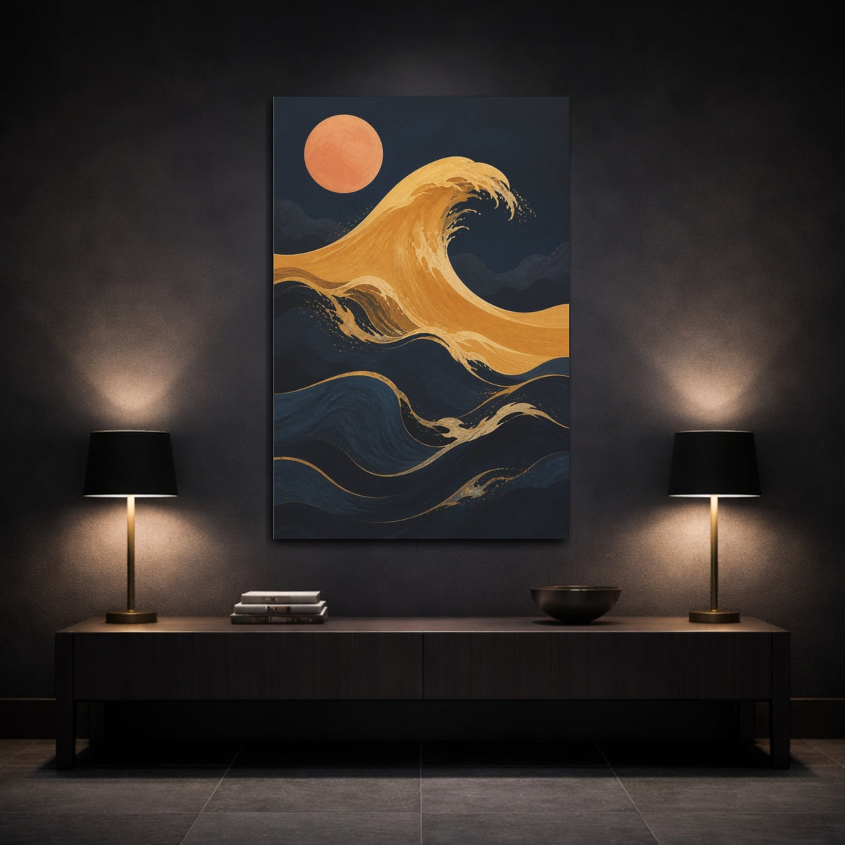 Mockup 3. Modern Ochre Wave shown as canvas print