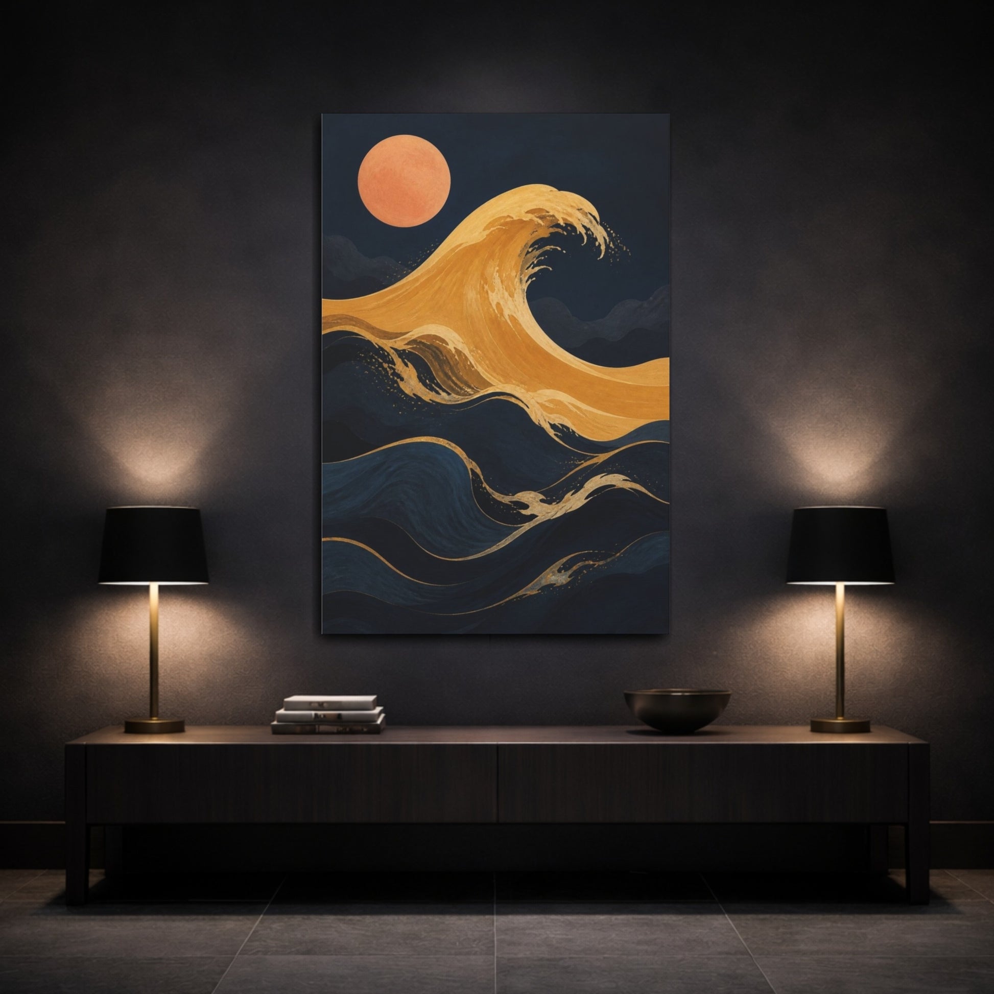 Mockup 3. Modern Ochre Wave shown as canvas print