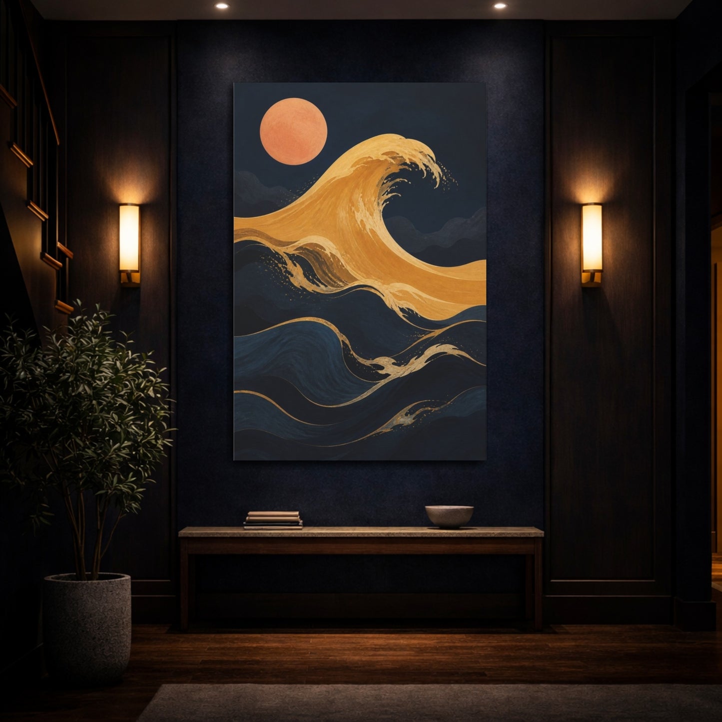 Mockup 4. Modern Ochre Wave shown as canvas print