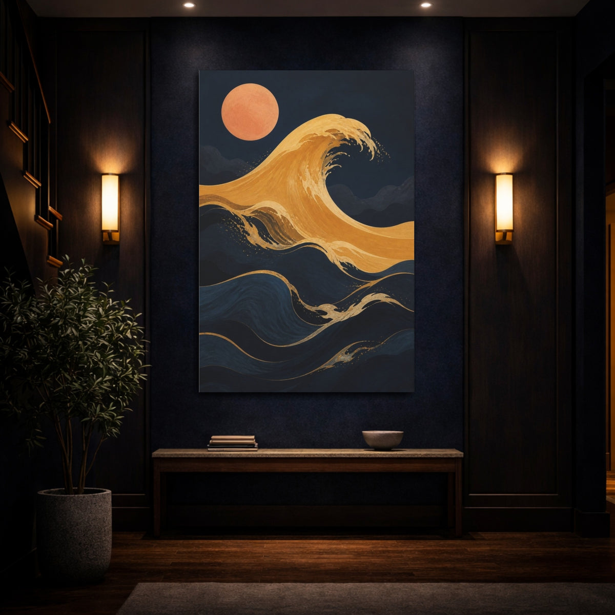 Mockup 4. Modern Ochre Wave shown as canvas print
