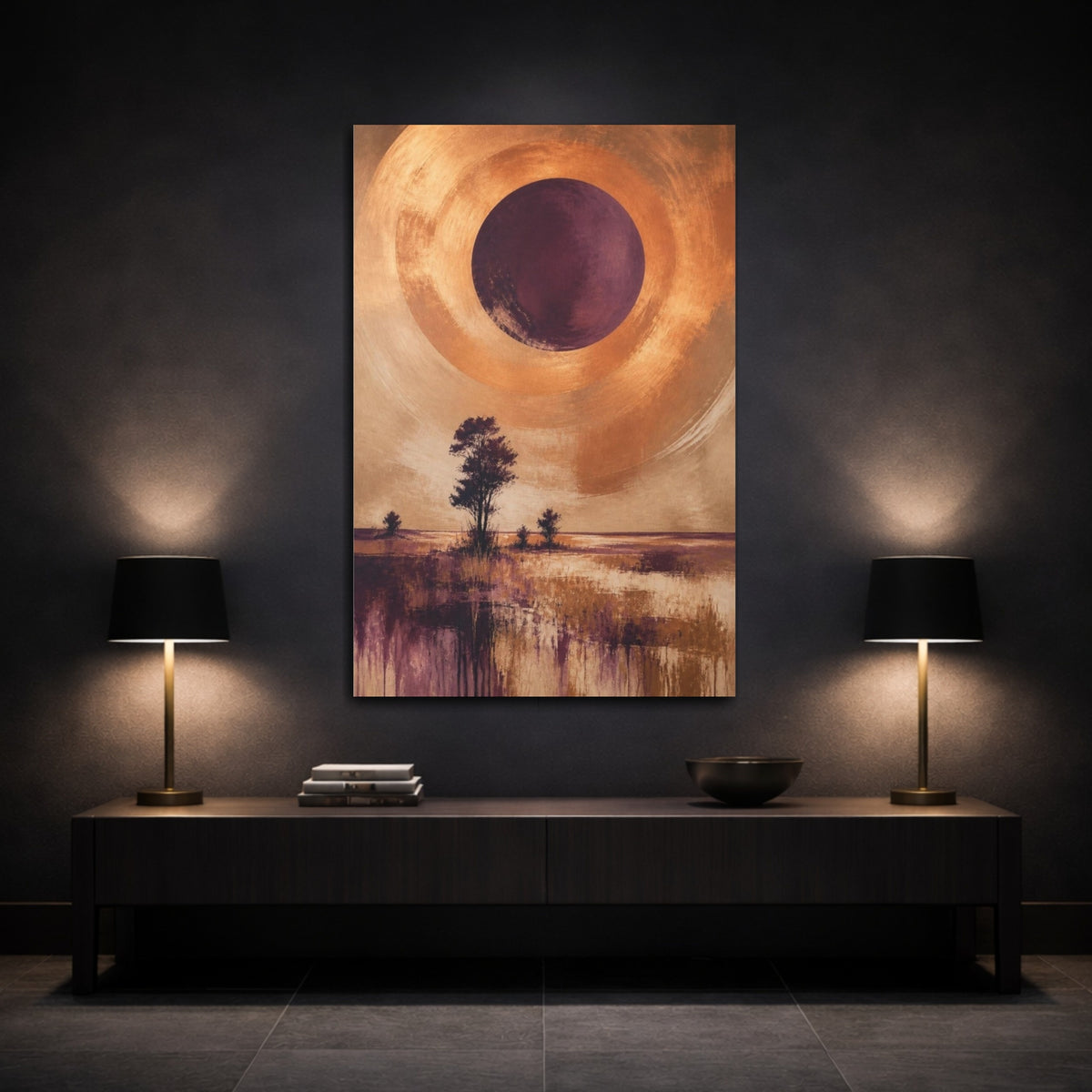 Mockup 3. Modern Plum Eclipse shown as canvas print