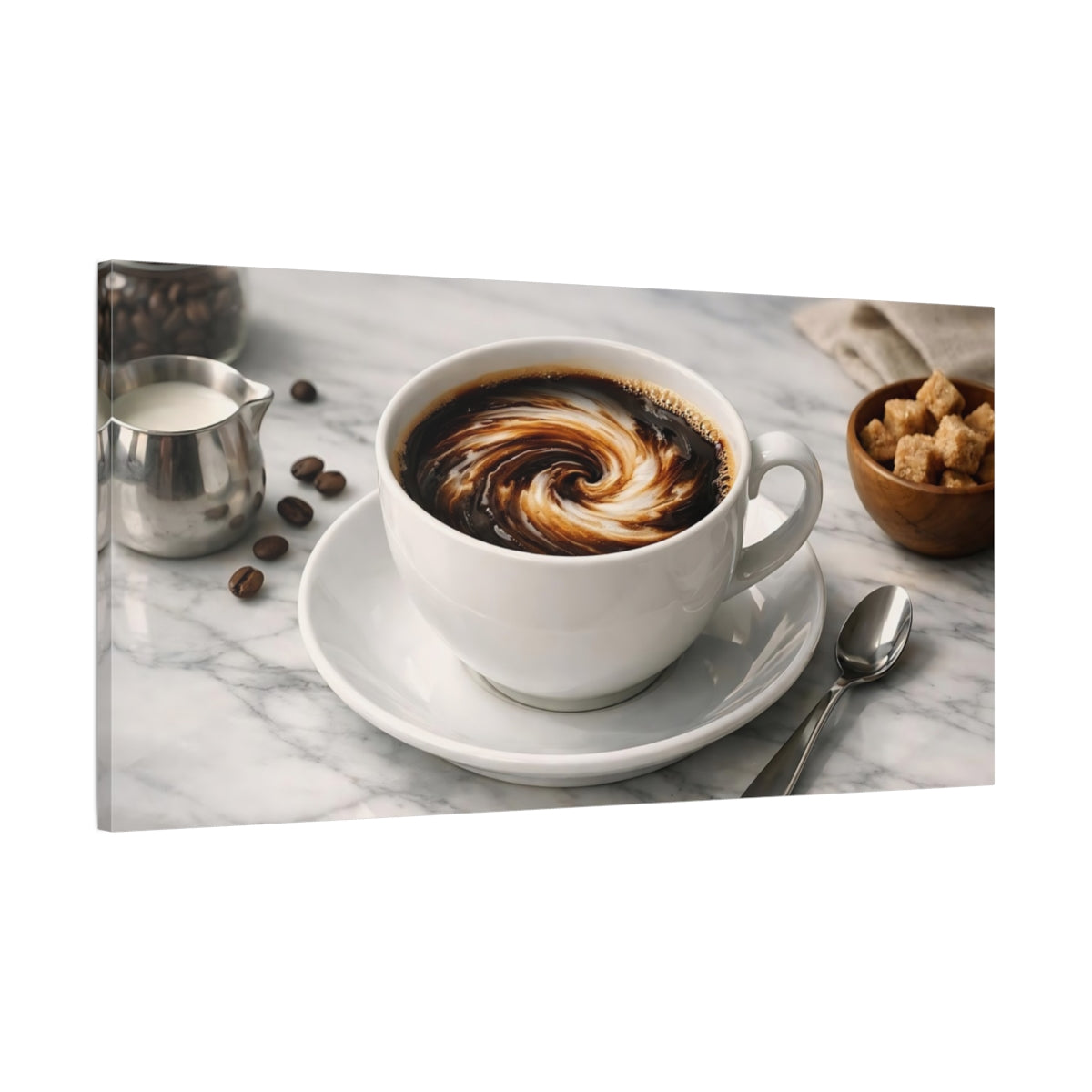 Side Mockup 1. Abstract Coffee Swirl Brown And White Coffee shown as stretched canvas wall art