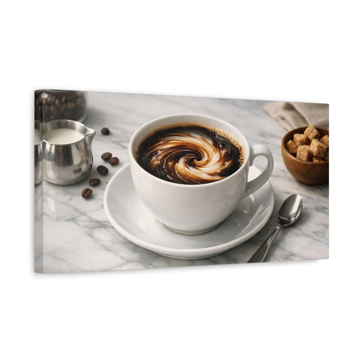 Side Mockup 3. Abstract Coffee Swirl Brown And White Coffee shown as stretched canvas wall art