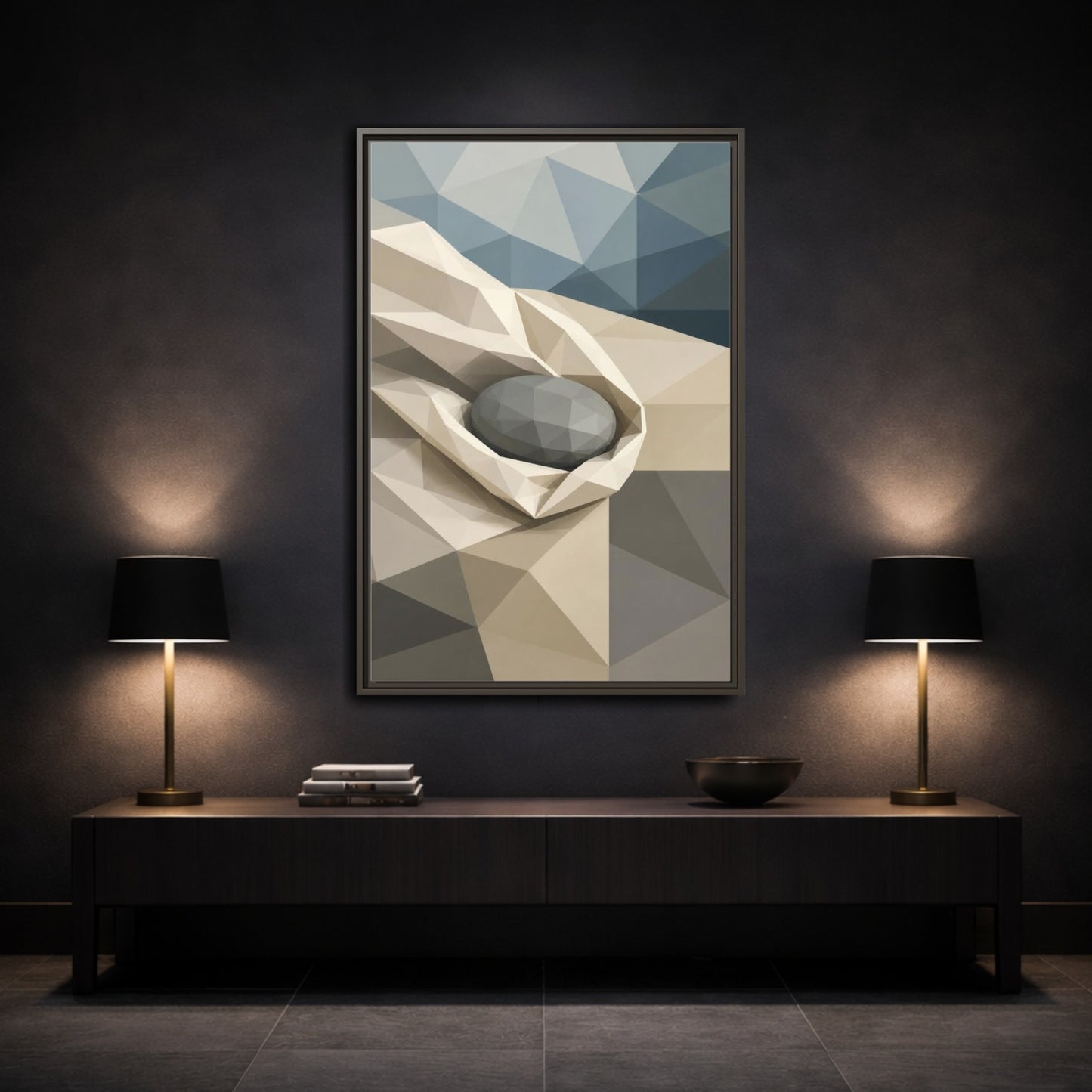 Mockup 3. Modern River Stone Study shown as framed canvas print