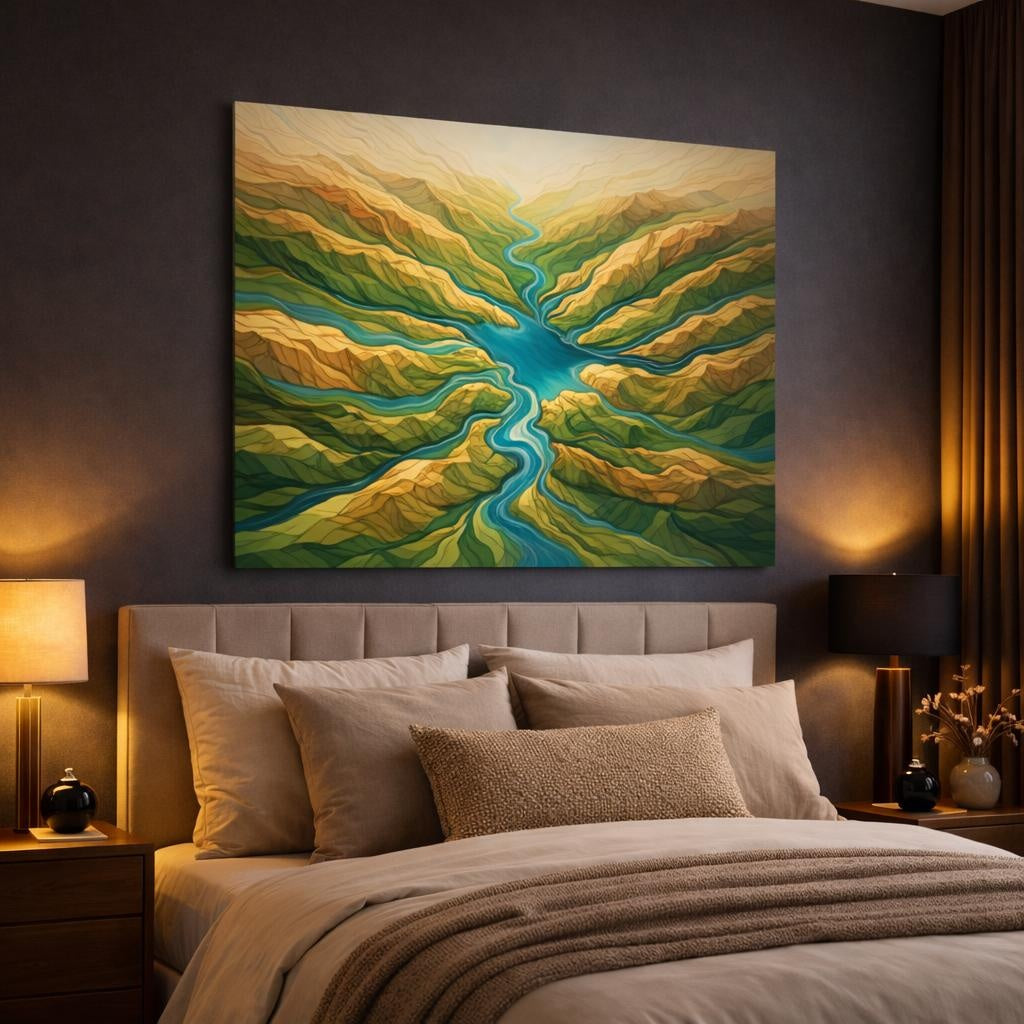 Modern River Topographic Map shown as canvas wall art in a luxury bedroom