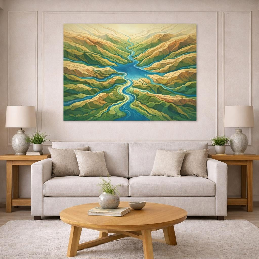 Modern River Topographic Map shown as canvas wall art in a modern living room