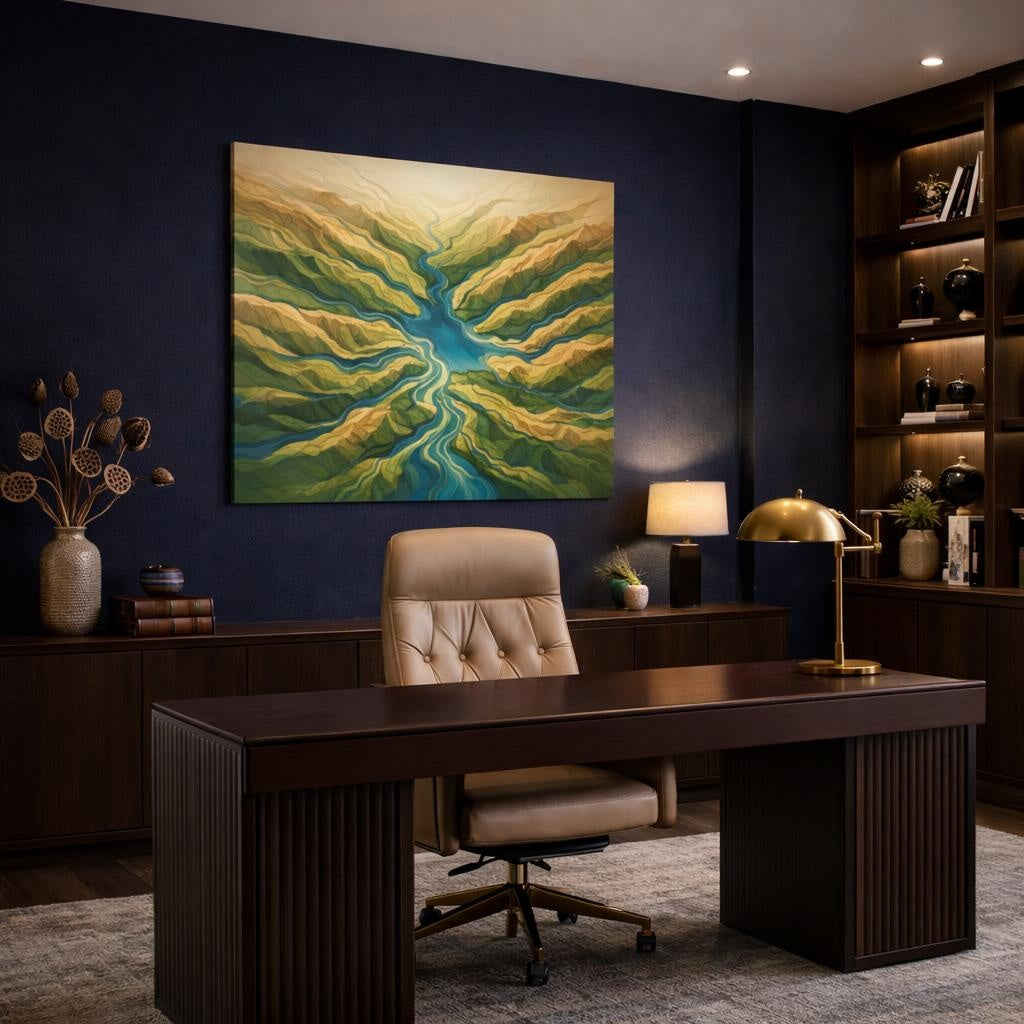 Modern River Topographic Map shown as canvas wall art in a refined dining room