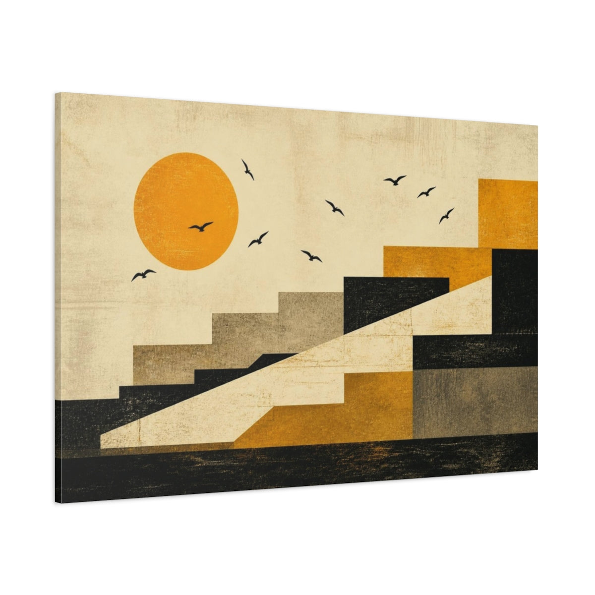 Side Mockup 1. Modern Saffron Sun shown as canvas print