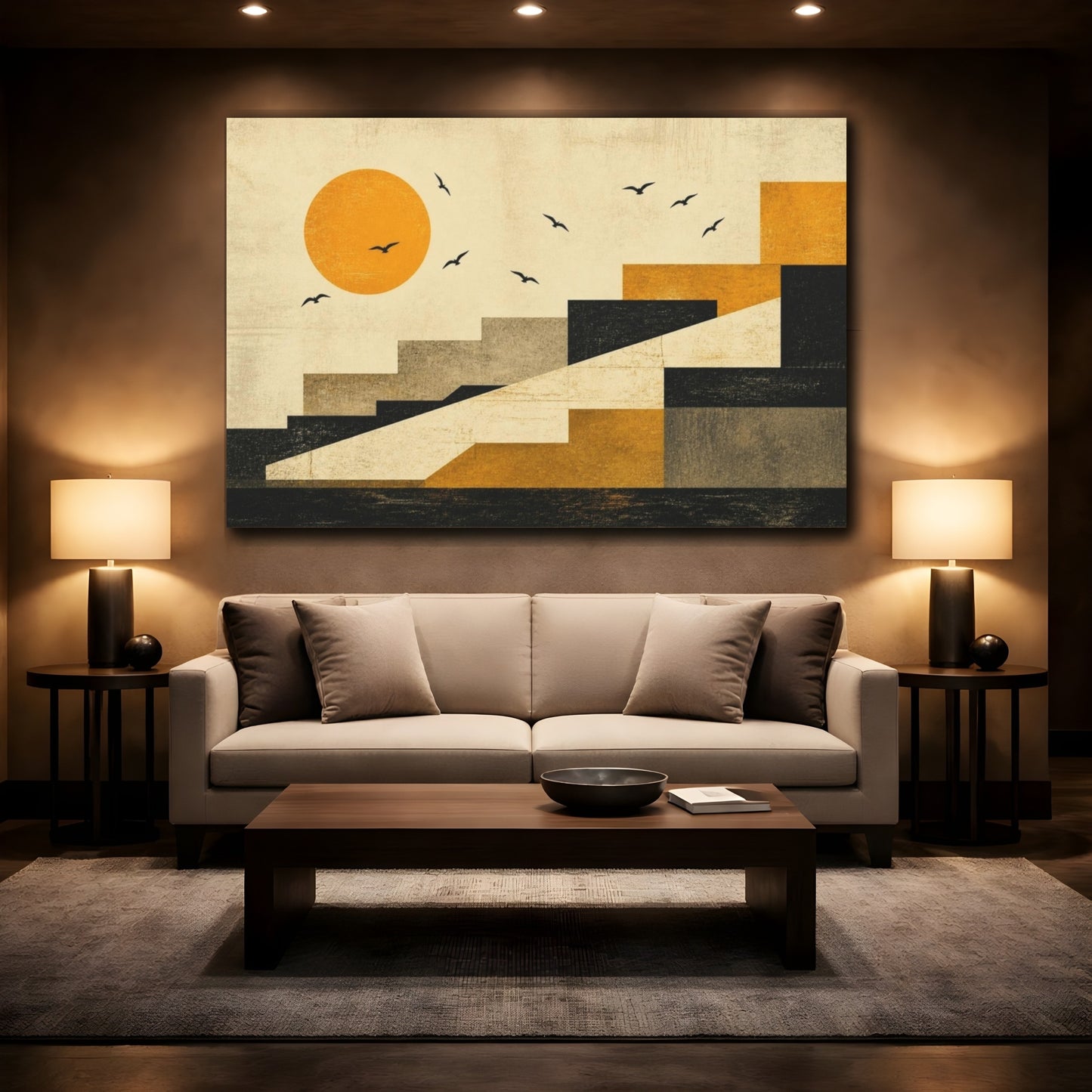 Mockup 2. Modern Saffron Sun shown as canvas print