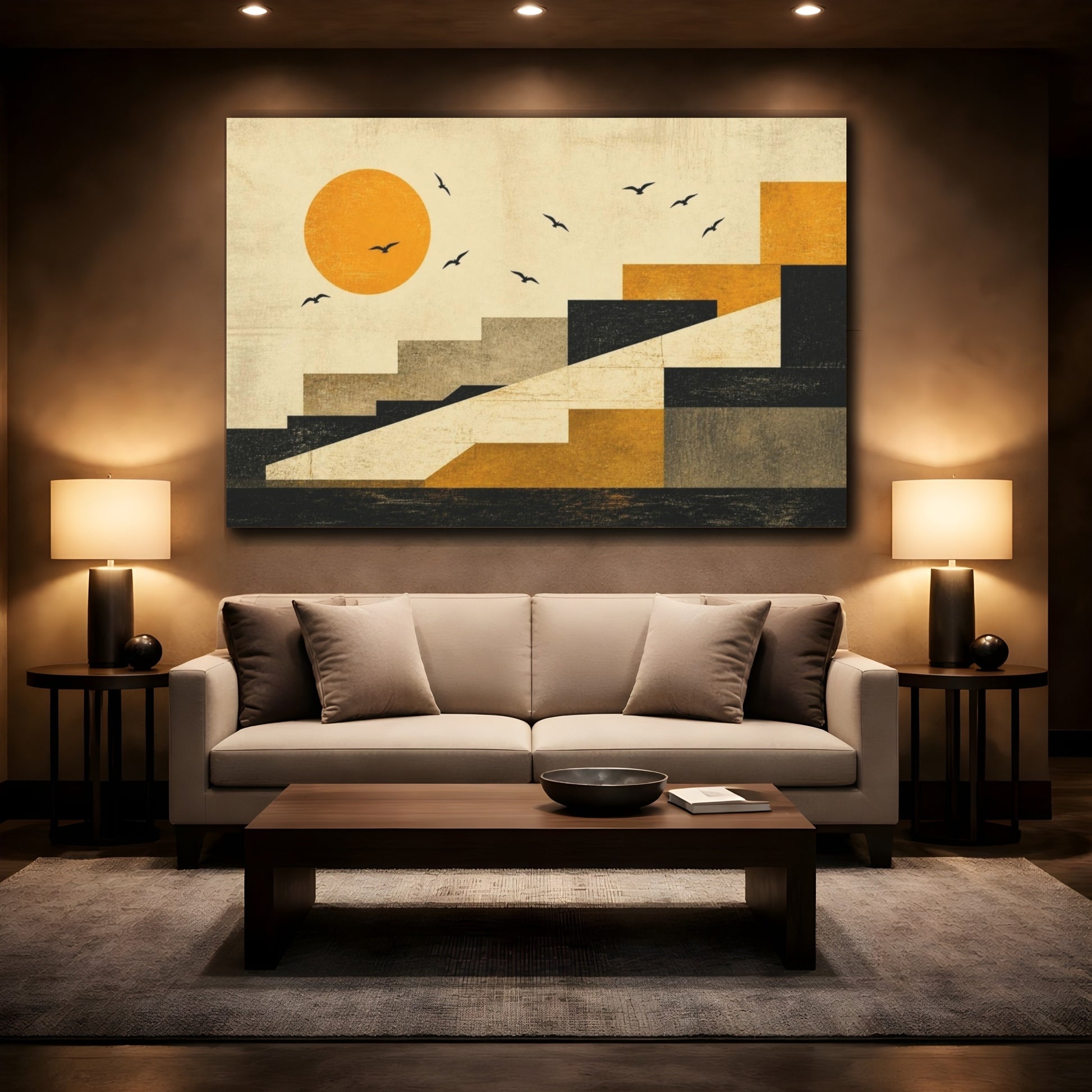 Mockup 2. Modern Saffron Sun shown as canvas print