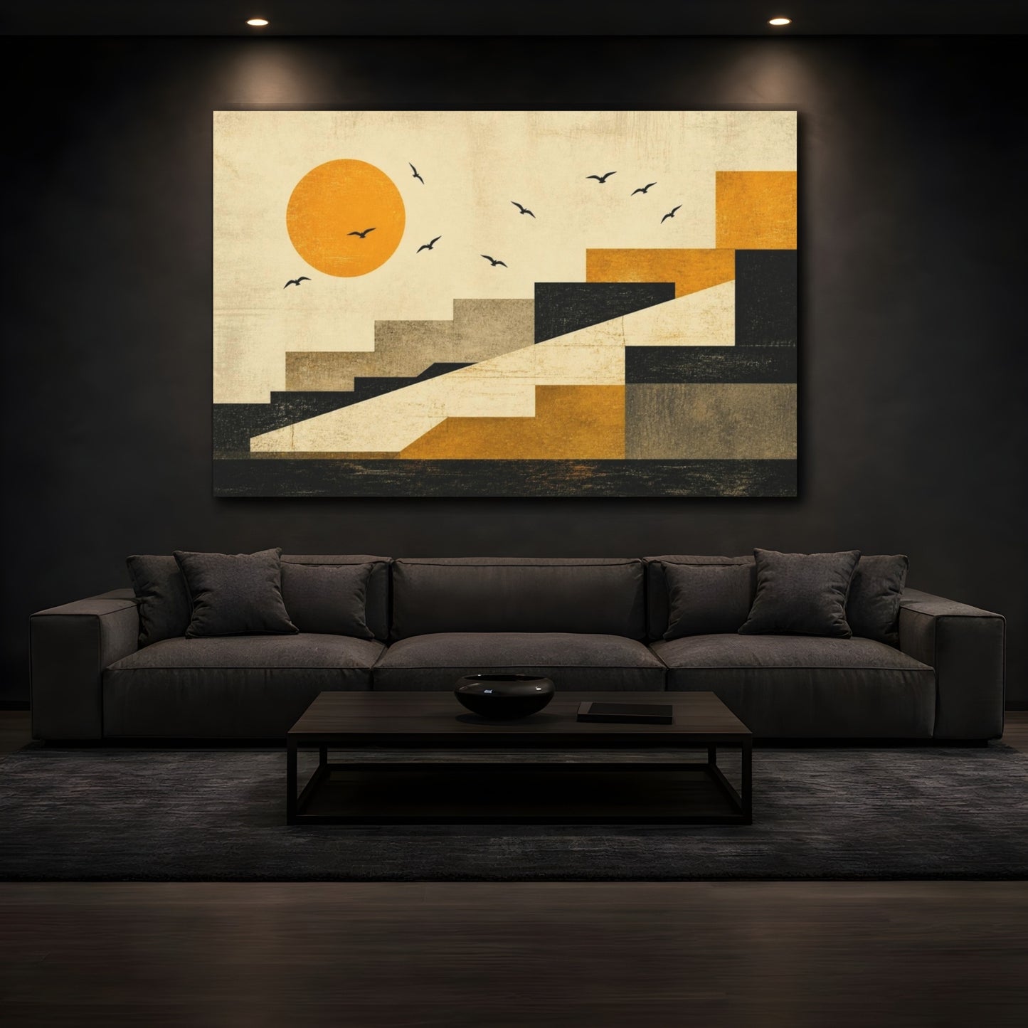 Mockup 3. Modern Saffron Sun shown as canvas print
