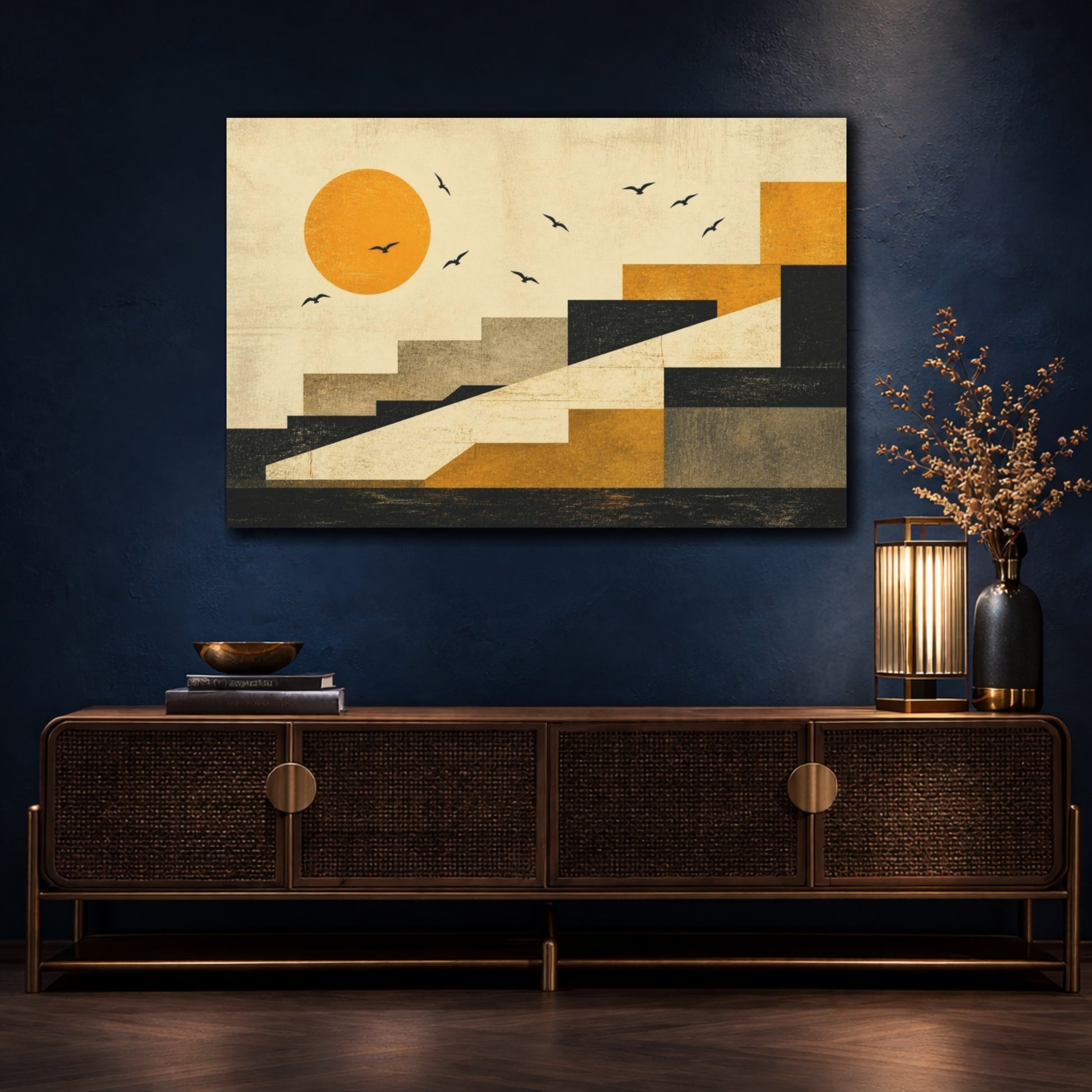 Mockup 4. Modern Saffron Sun shown as canvas print