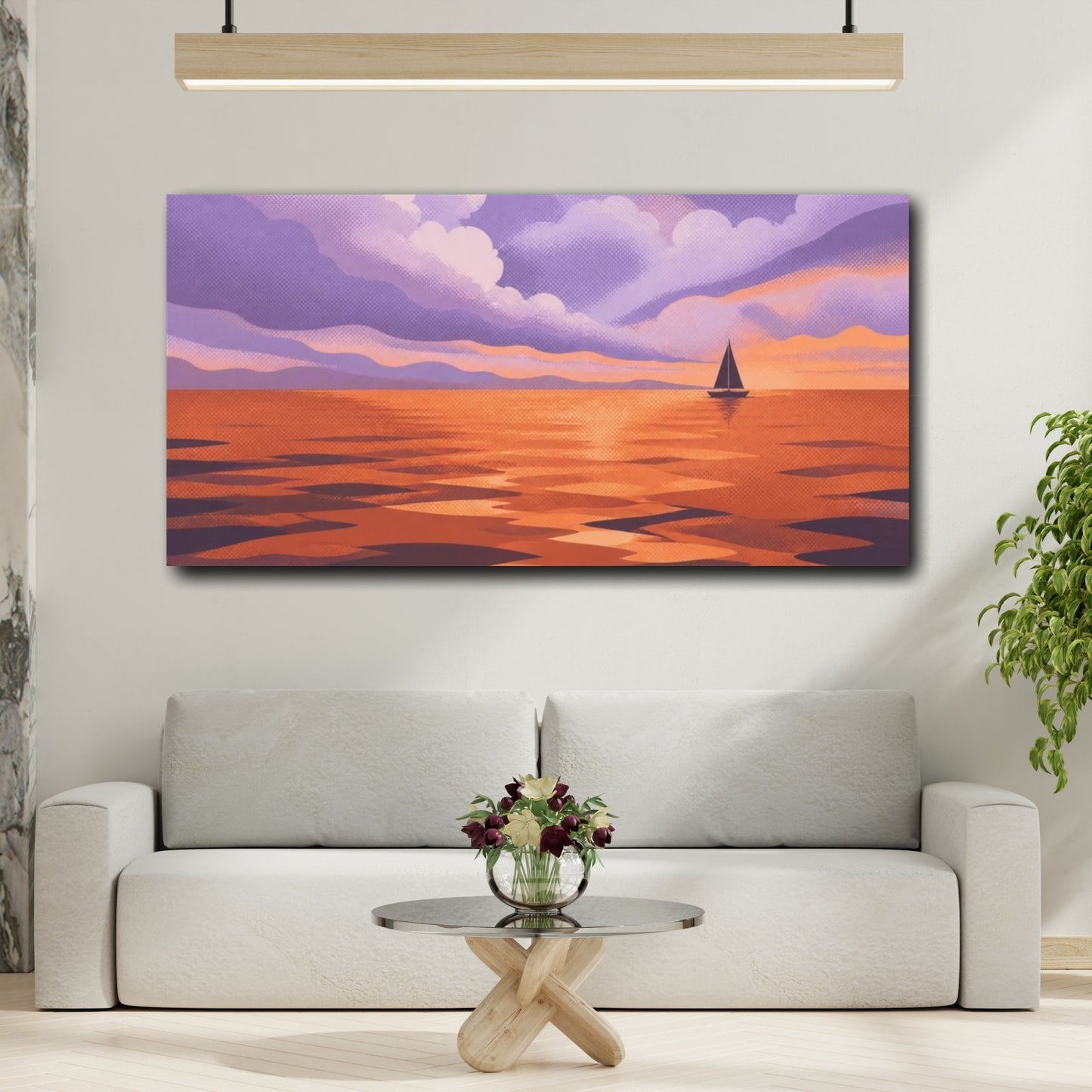 Mockup 2. Modern Sailboat At Sunset shown as canvas print