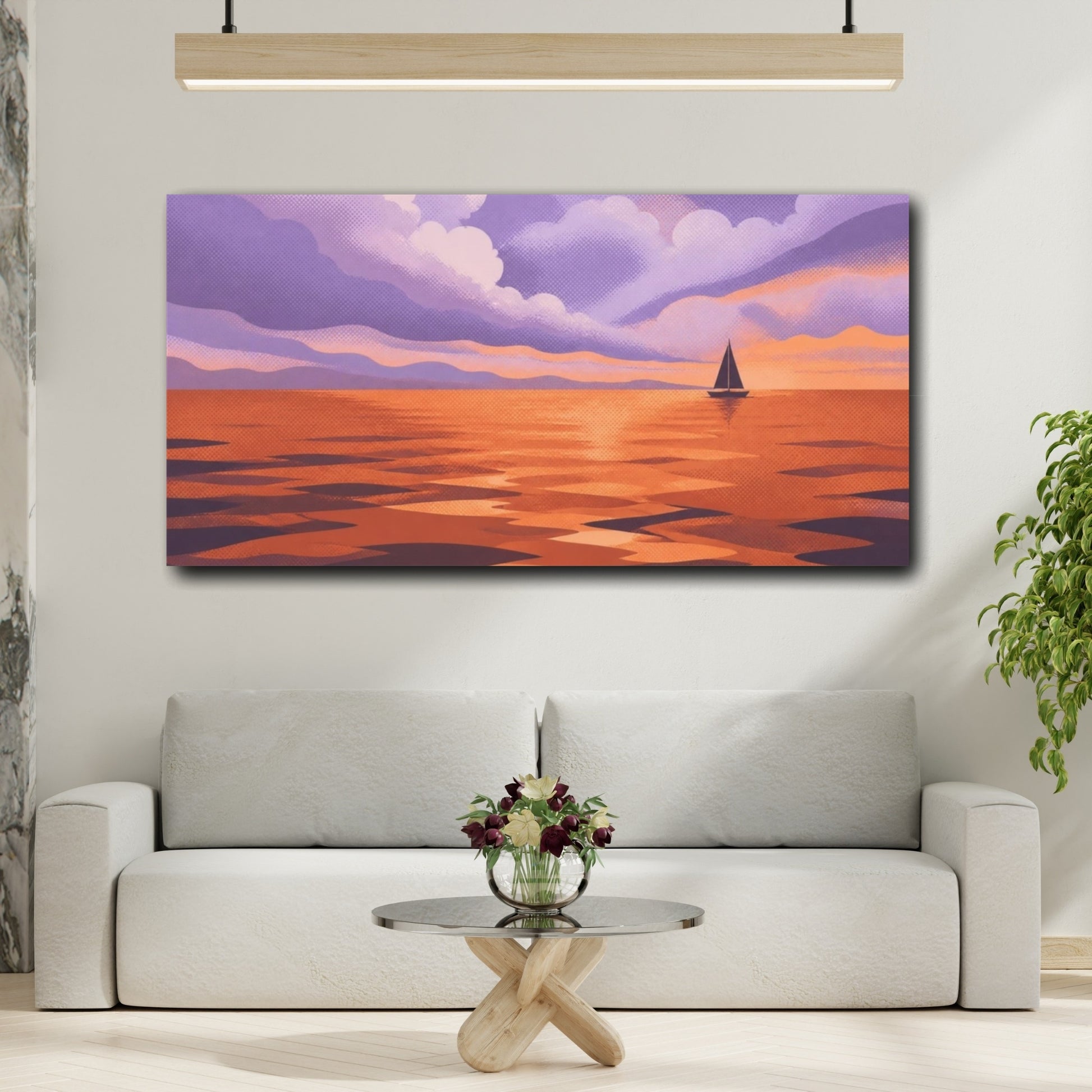 Mockup 2. Modern Sailboat At Sunset shown as canvas print