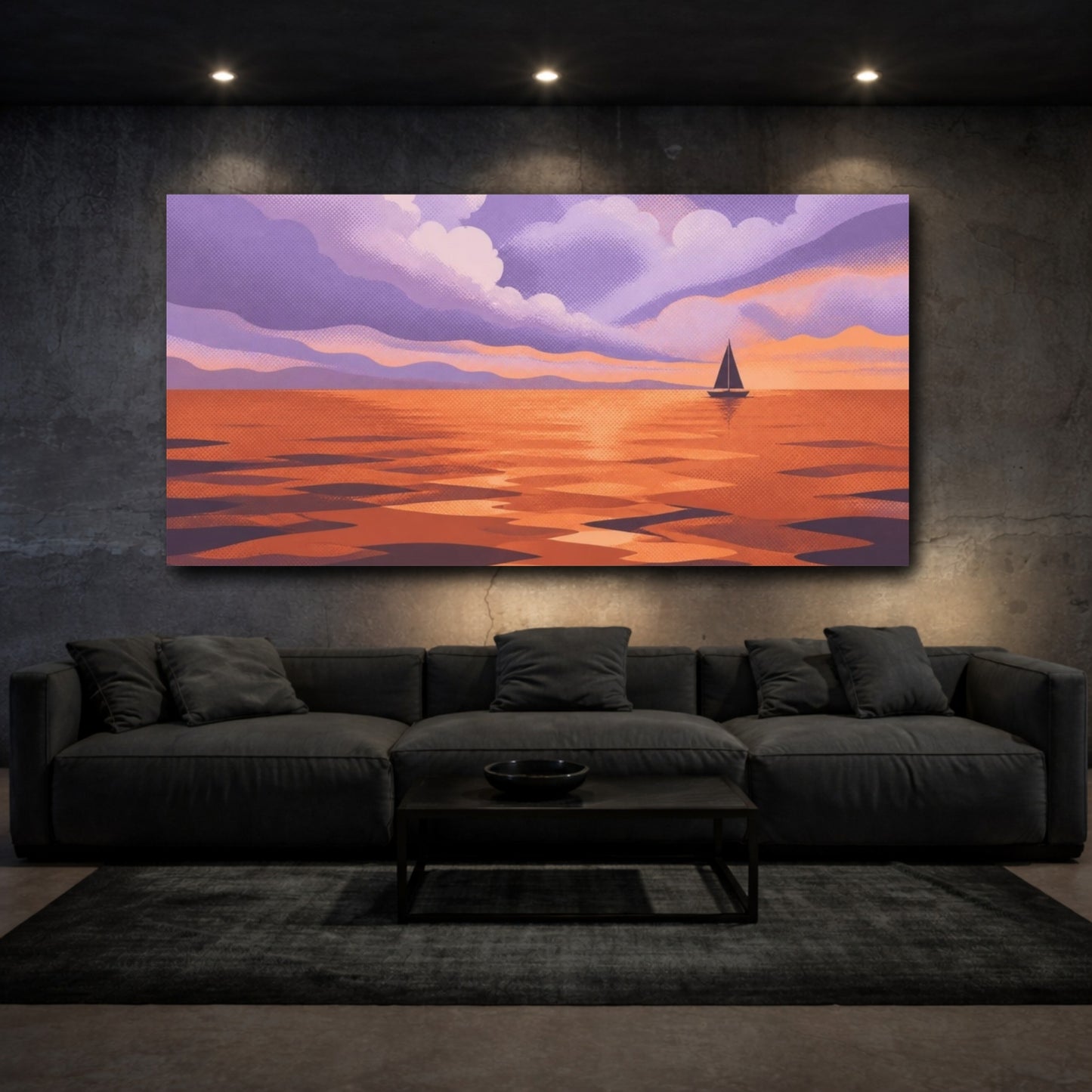 Mockup 3. Modern Sailboat At Sunset shown as canvas print