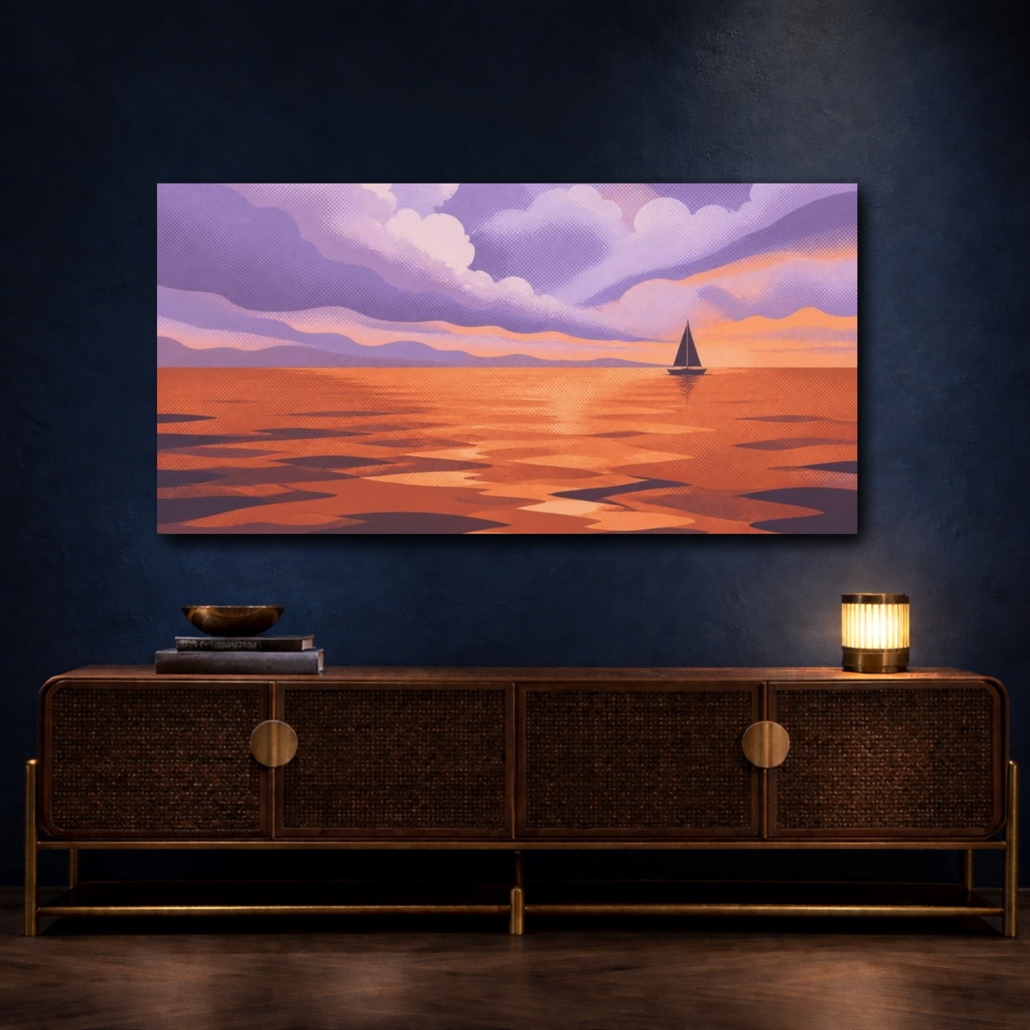 Mockup 4. Modern Sailboat At Sunset shown as canvas print