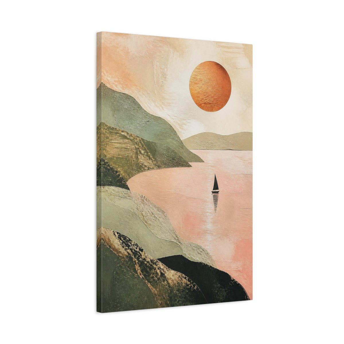 Modern Sailboat With Copper Sun Canvas Print – Living Room, Above Console Table, Sage Green & Blush Pink - YesArtYes