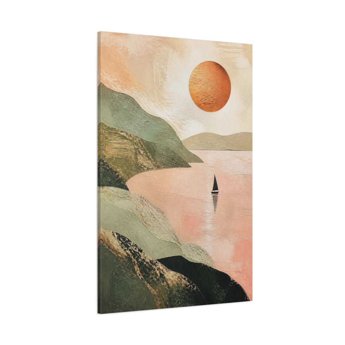 Modern Sailboat With Copper Sun Canvas Print – Living Room, Above Console Table, Sage Green & Blush Pink - YesArtYes