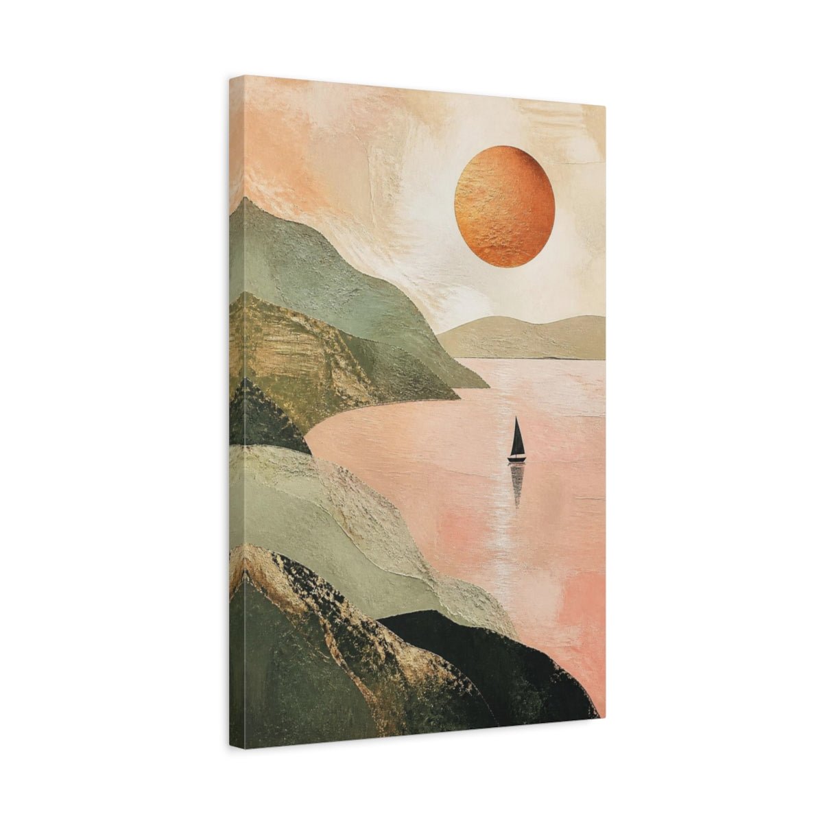 Modern Sailboat With Copper Sun Canvas Print – Living Room, Above Console Table, Sage Green & Blush Pink - YesArtYes