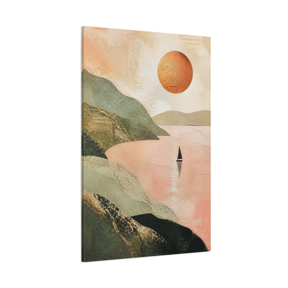 Side Mockup 1. Modern Sailboat With Copper Sun shown as canvas print