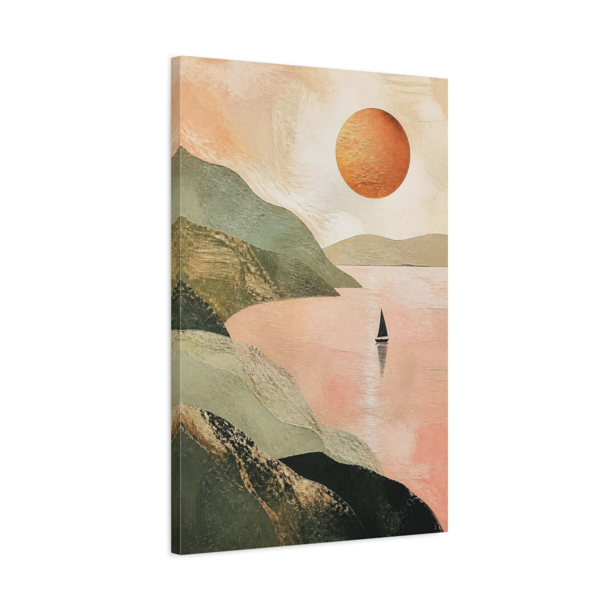 Side Mockup 2. Modern Sailboat With Copper Sun shown as canvas print