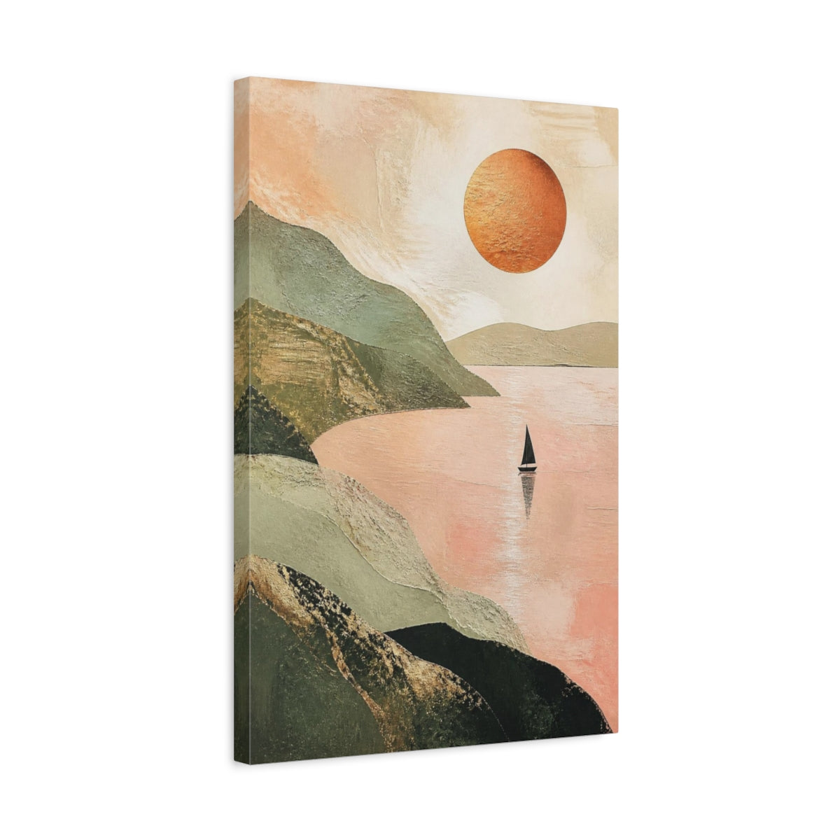 Side Mockup 3. Modern Sailboat With Copper Sun shown as canvas print