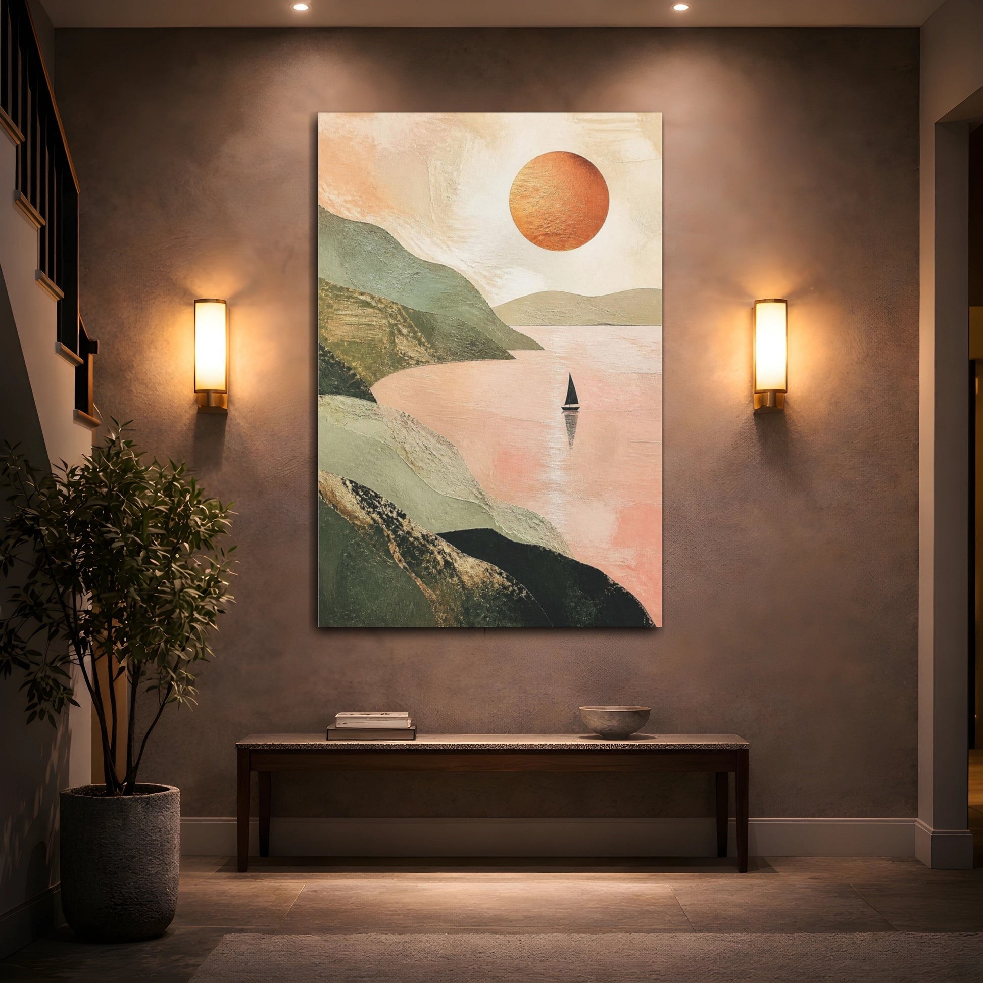 Mockup 2. Modern Sailboat With Copper Sun shown as canvas print
