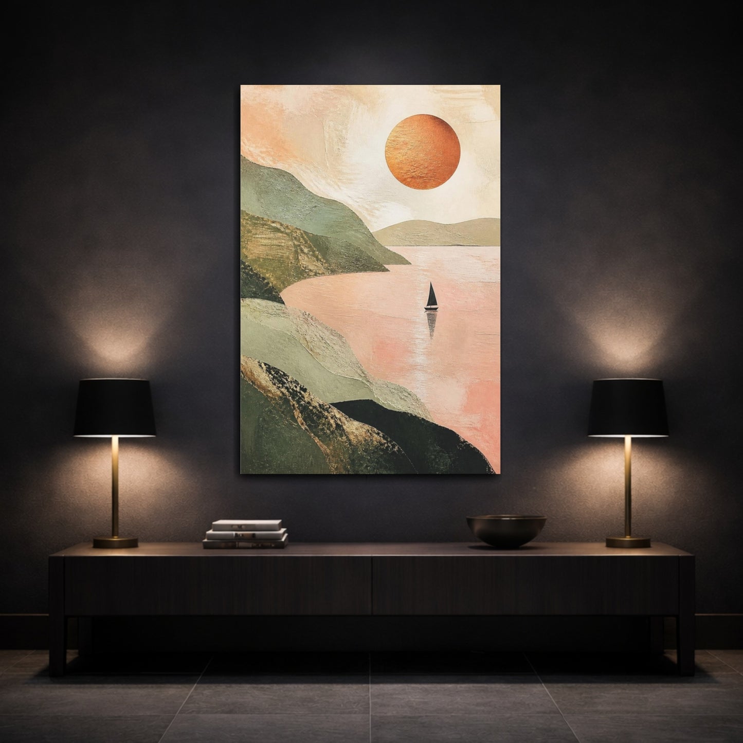 Mockup 3. Modern Sailboat With Copper Sun shown as canvas print