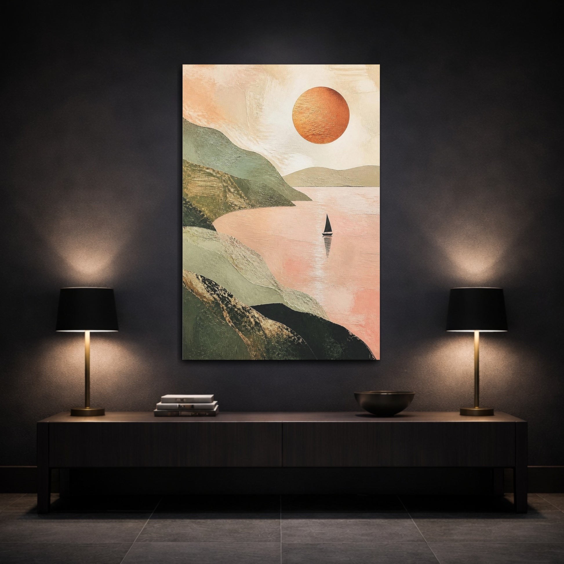 Mockup 3. Modern Sailboat With Copper Sun shown as canvas print