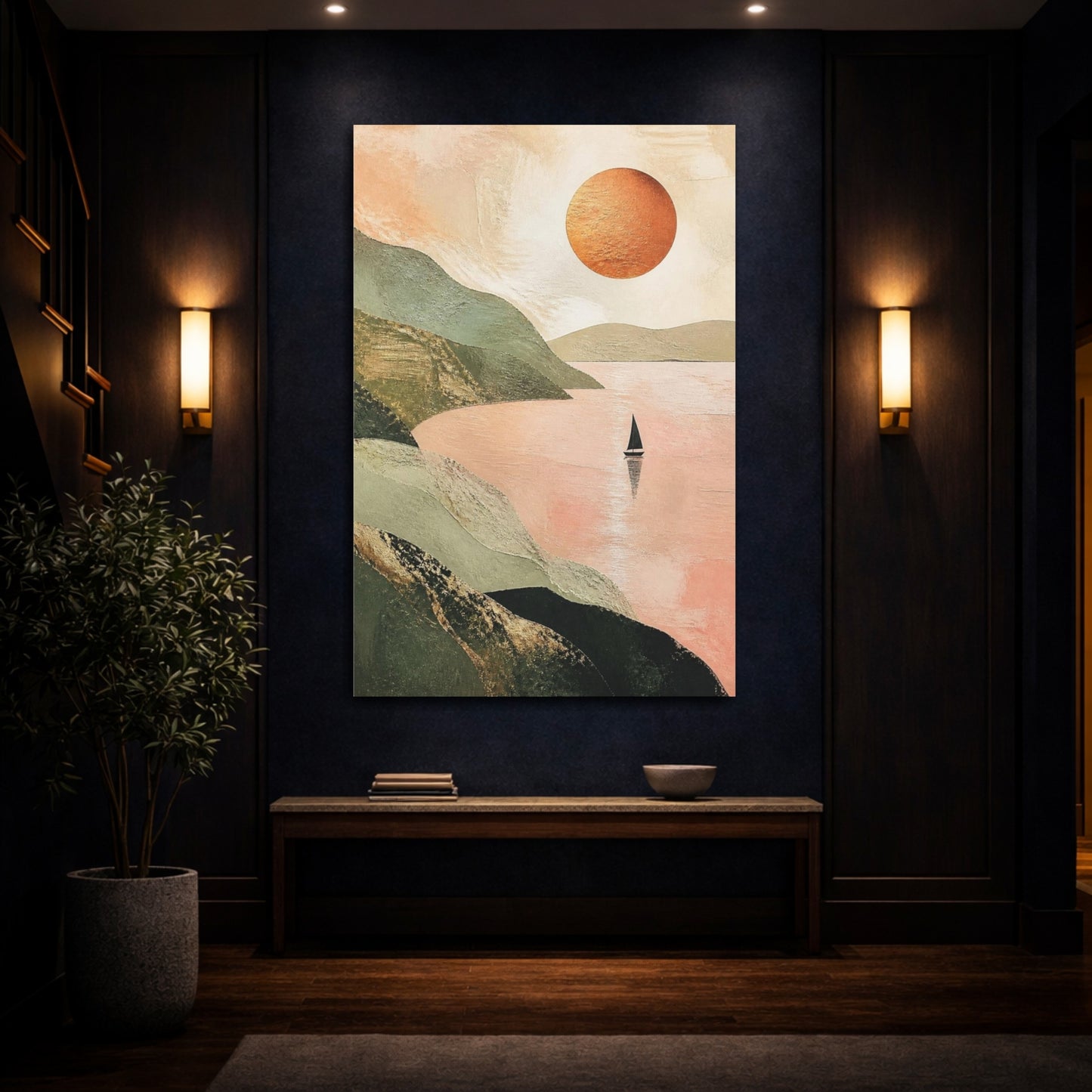 Mockup 4. Modern Sailboat With Copper Sun shown as canvas print