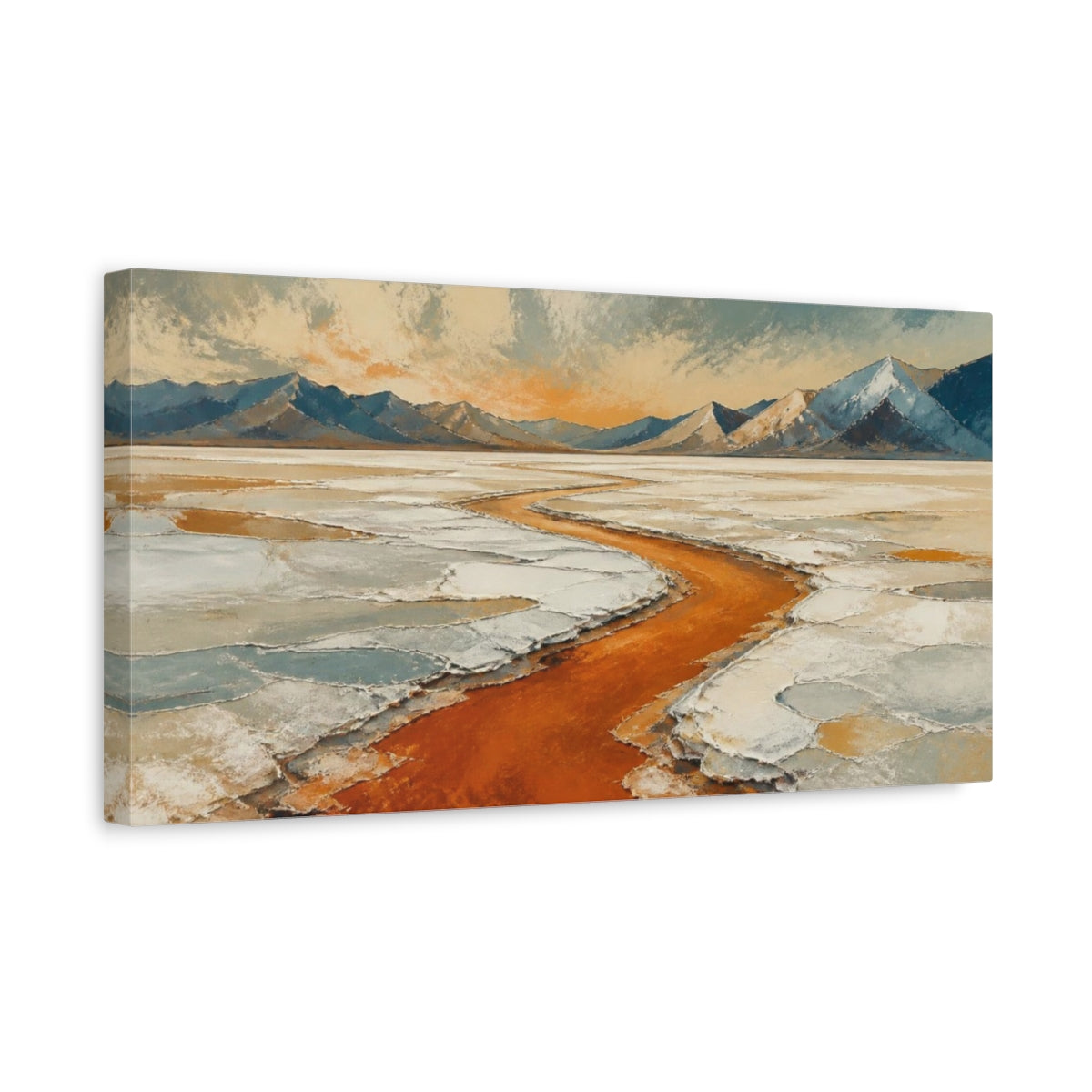 Side Mockup 3. Modern Salt Flats River shown as canvas print