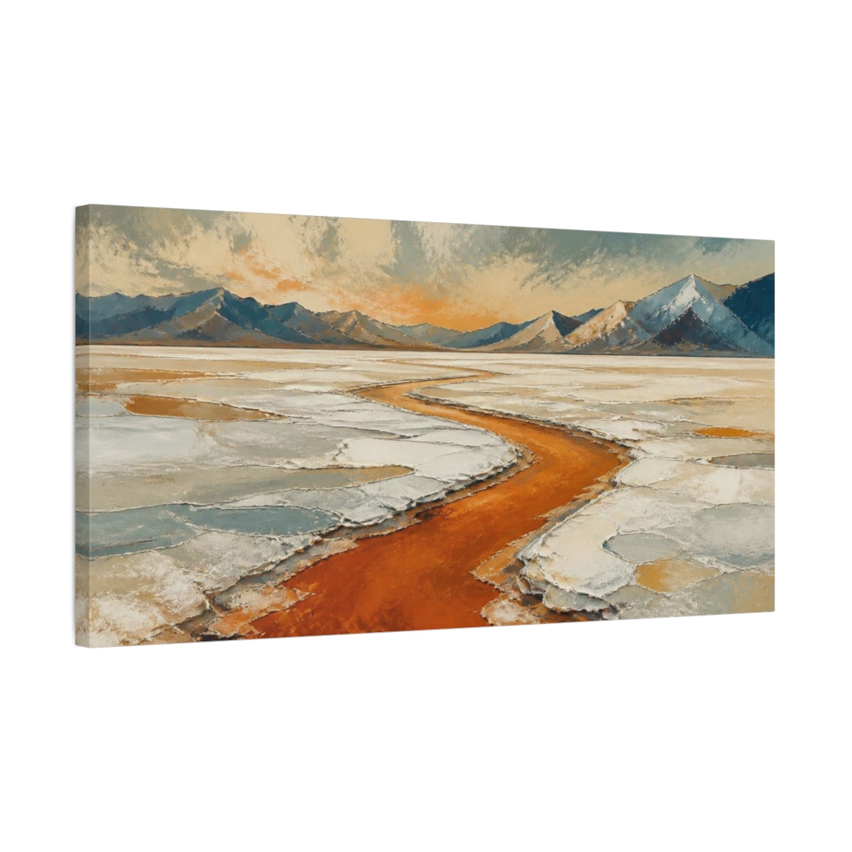 Side Mockup 1. Modern Salt Flats River shown as canvas print