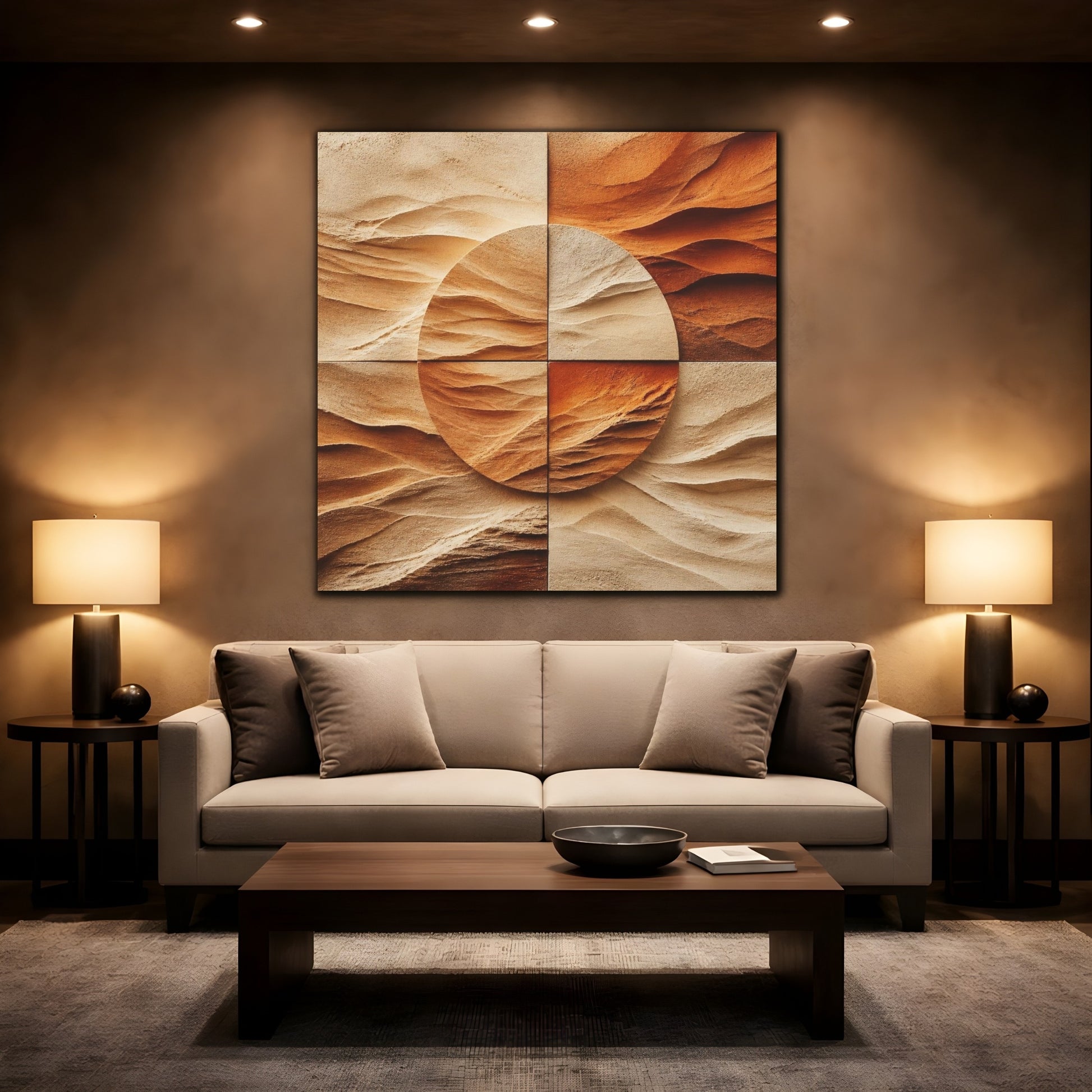 Mockup 2. Modern Sandstone Circle shown as canvas print