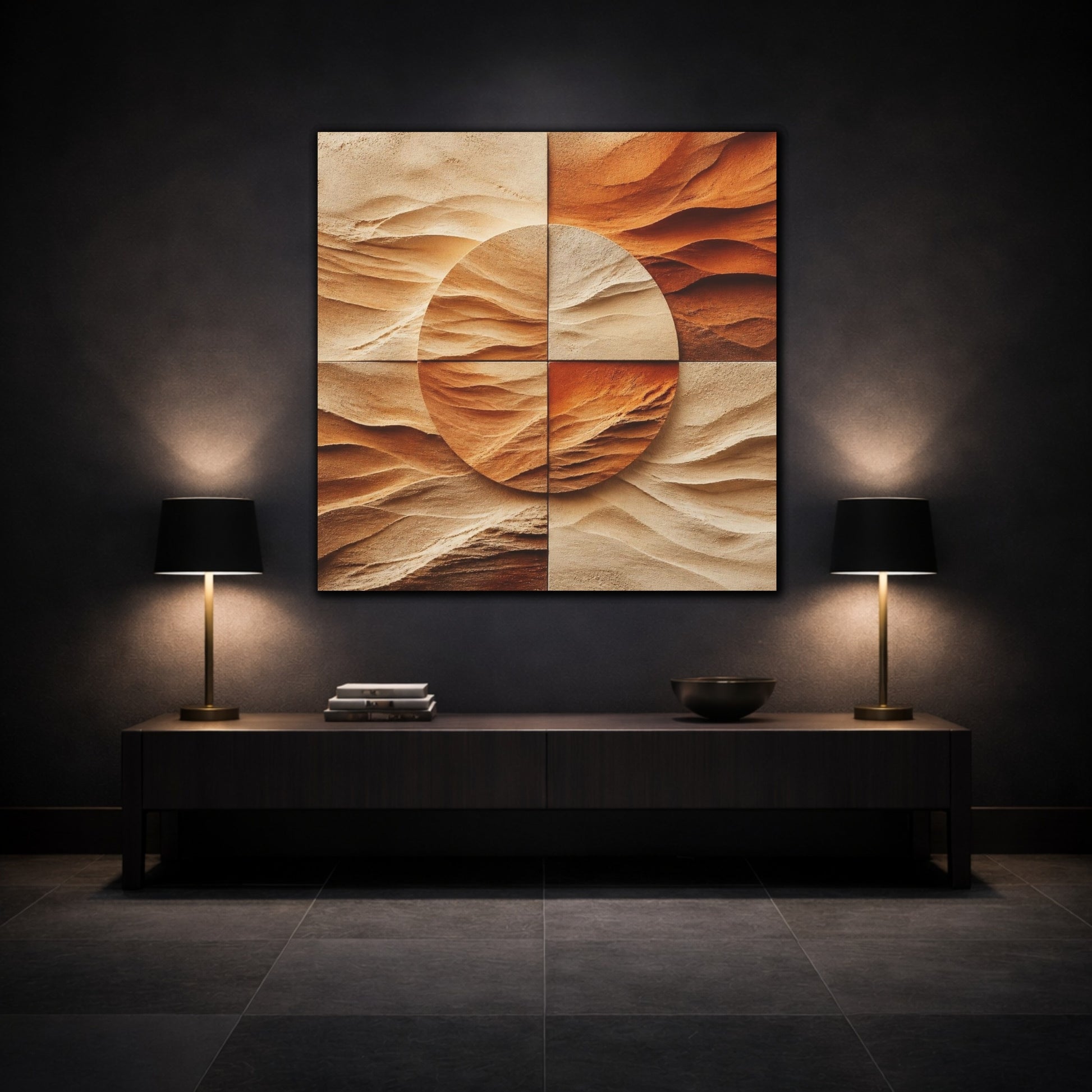 Mockup 3. Modern Sandstone Circle shown as canvas print