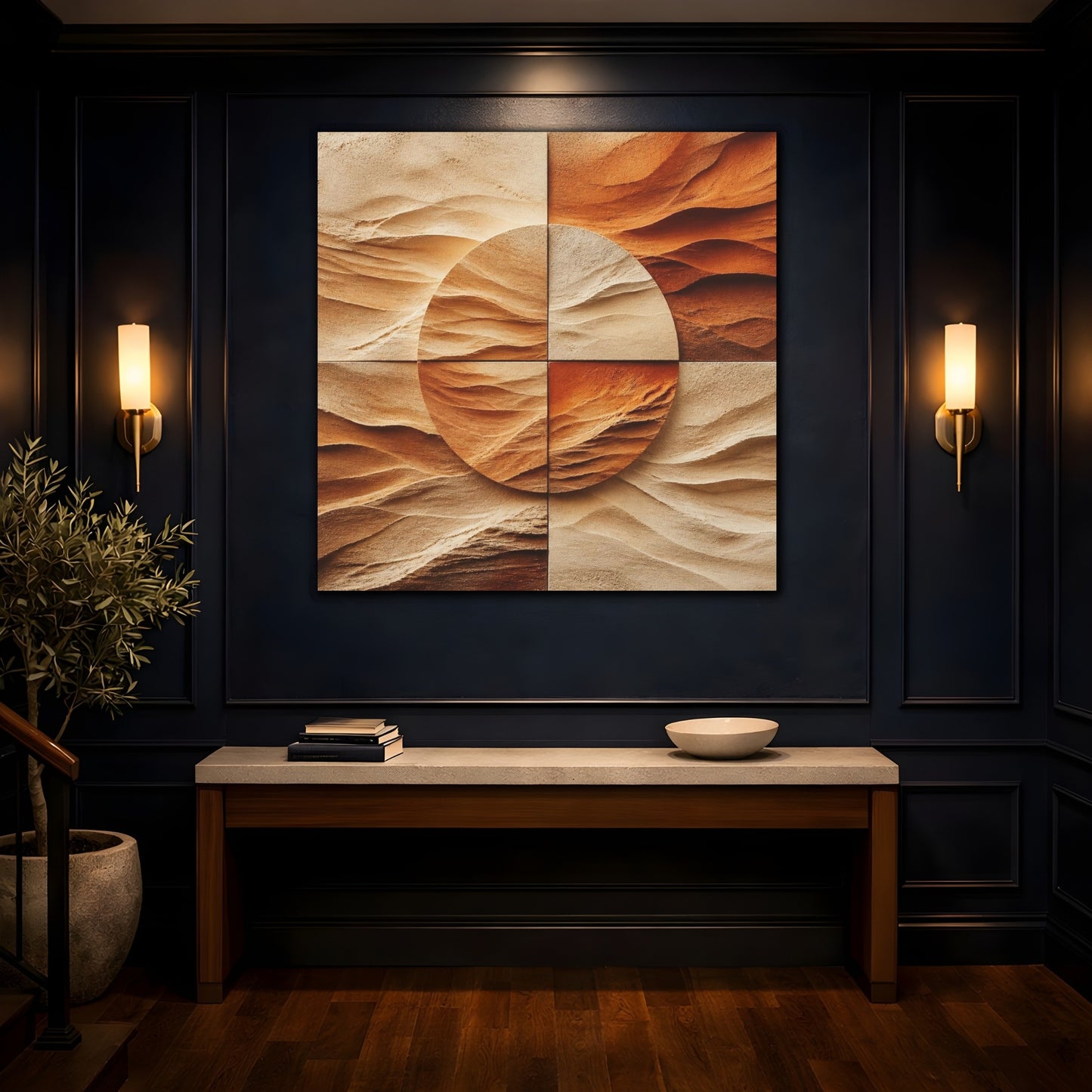 Mockup 4. Modern Sandstone Circle shown as canvas print