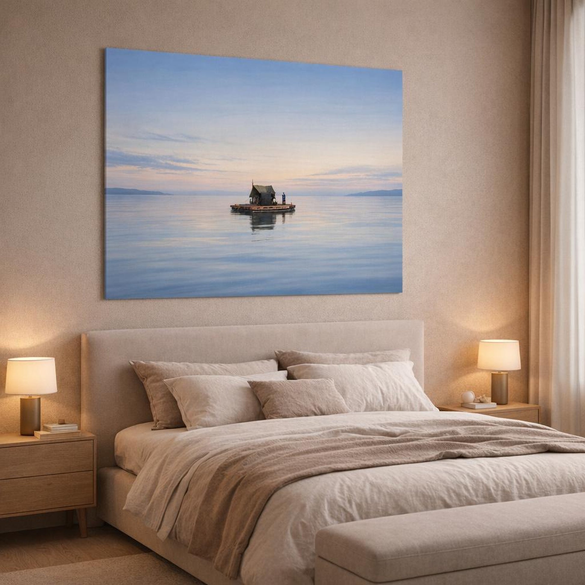 Modern Seascape Calm shown as canvas wall art in a luxury bedroom