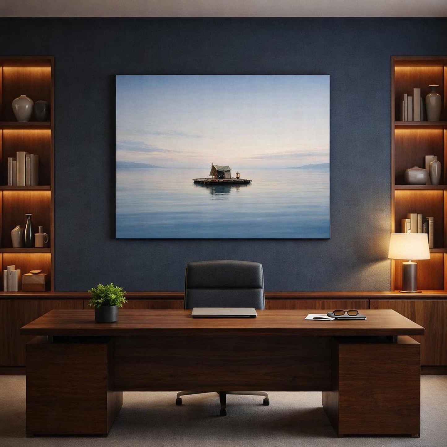 Modern Seascape Calm shown as canvas wall art in a refined dining room