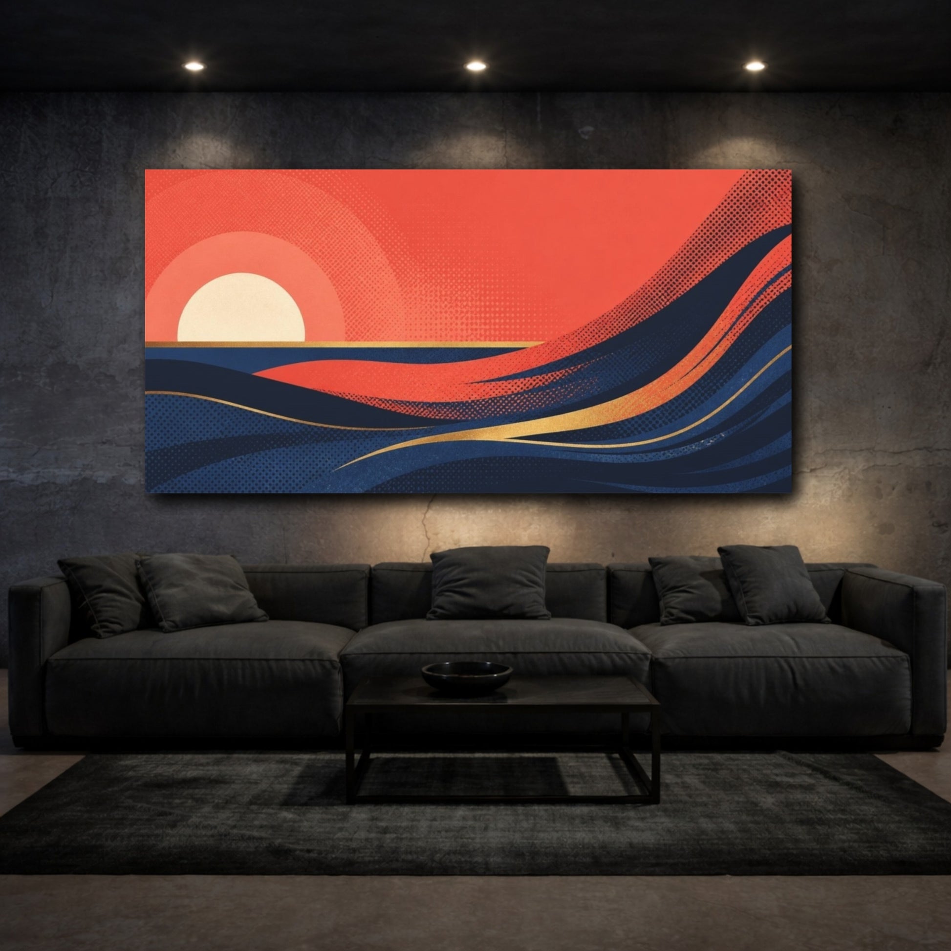 Mockup 3. Modern Sunset Waves shown as canvas print