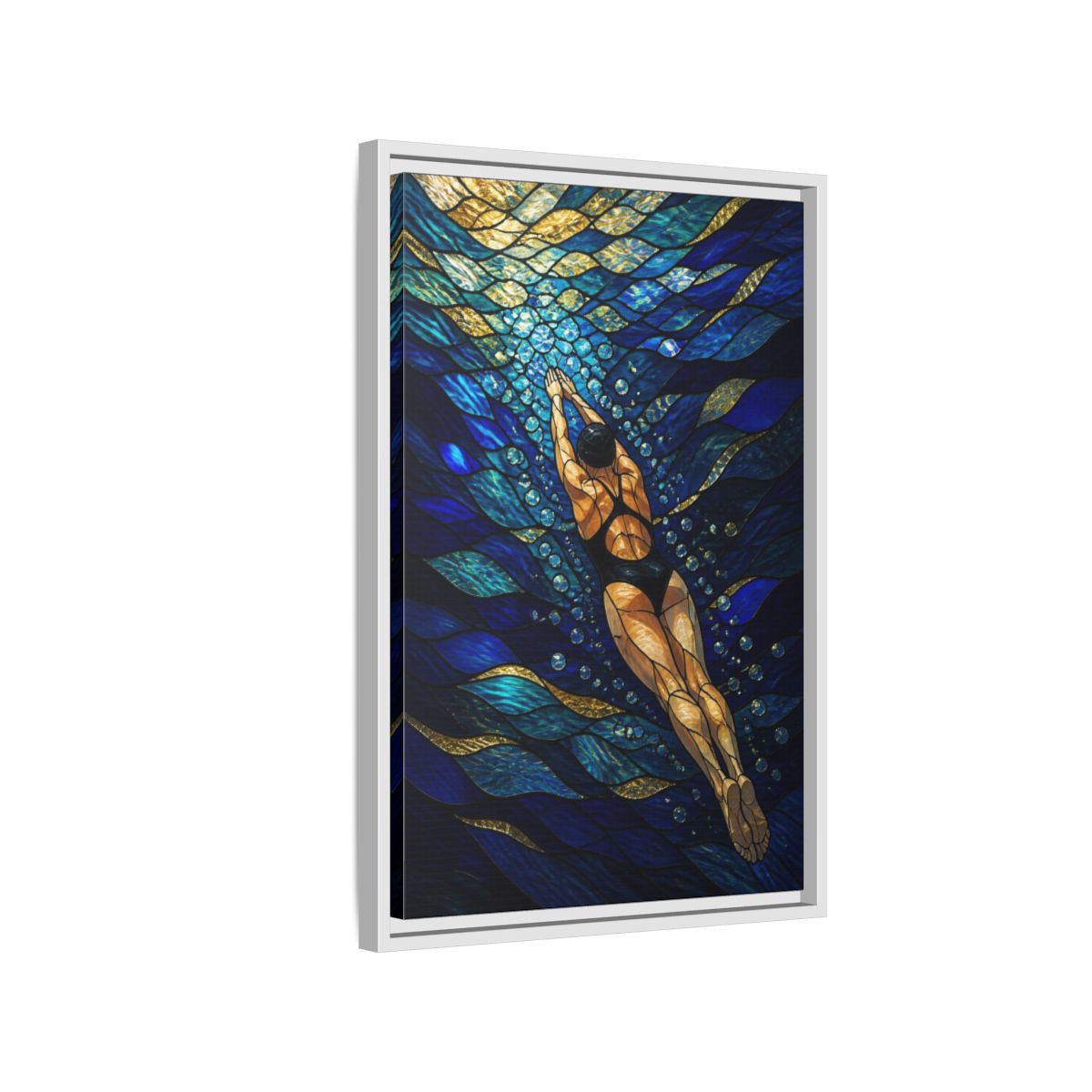 Side Mockup 1. Modern Swimmer Mosaic shown as framed canvas print