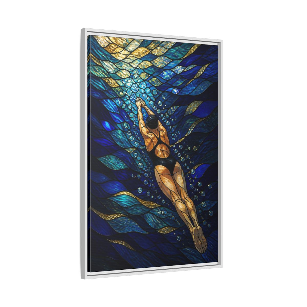 Side Mockup 9. Modern Swimmer Mosaic shown as framed canvas print