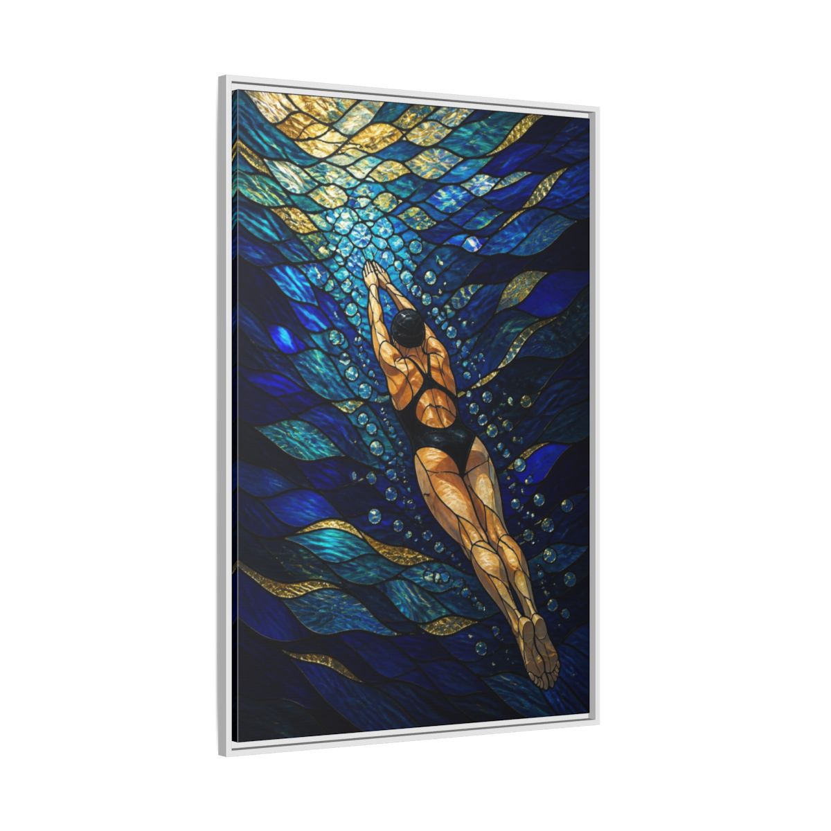 Side Mockup 7. Modern Swimmer Mosaic shown as framed canvas print